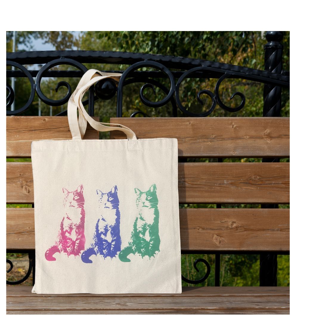 Small Totebag - 3 cats (blue,pink and green)/ Sac fourre-tout 3 chats de grandeur petit