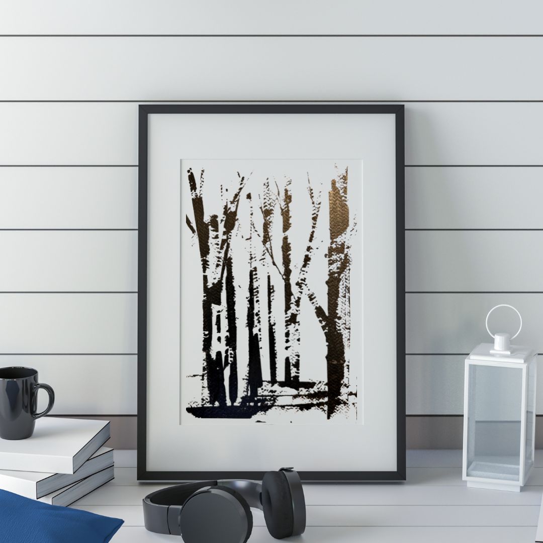 Black and white illustration of trees by Ottawa-based artist Mireille Laroche