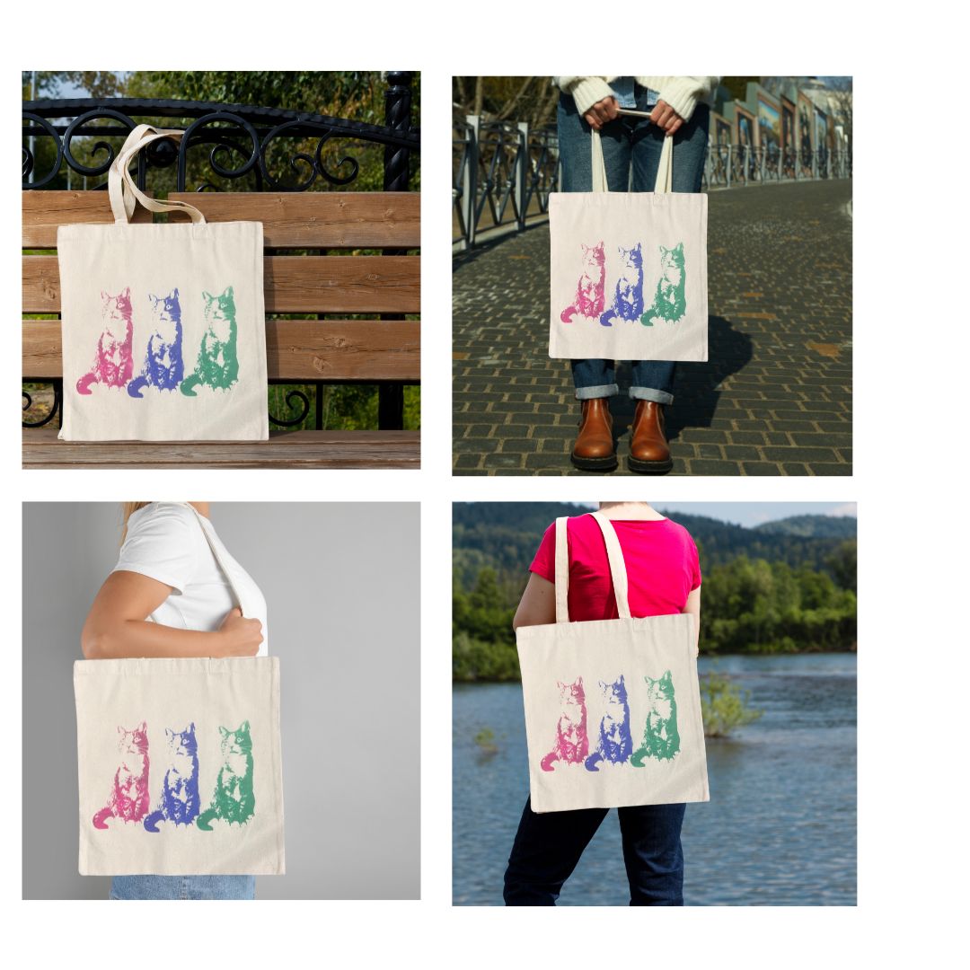 Small Totebag - 3 cats (blue,pink and green)/ Sac fourre-tout 3 chats de grandeur petit