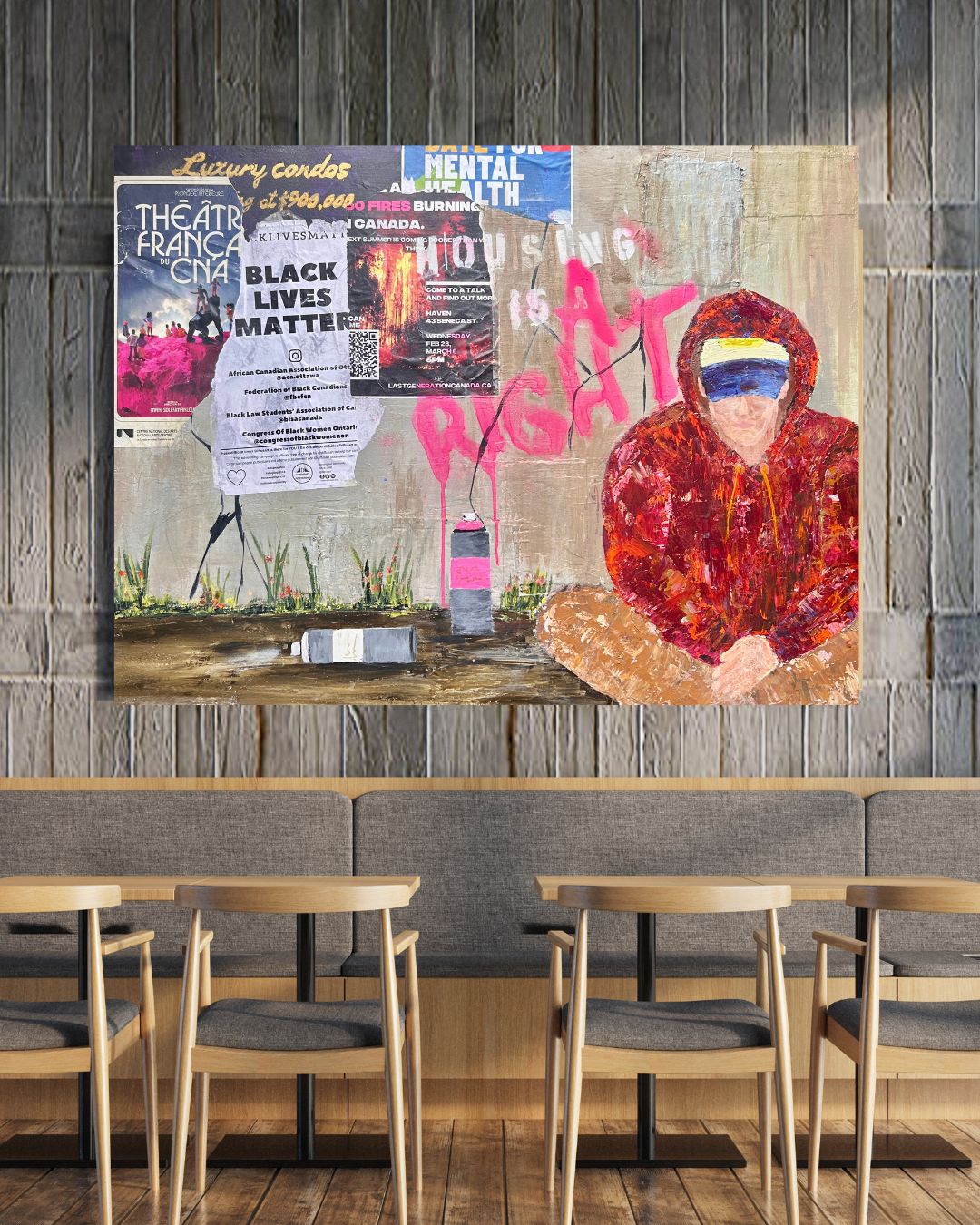 original mixed media painting 48 by 36 inch on a 1.5 inch deep canvas by Ottawa-based artist Mireille Laroche