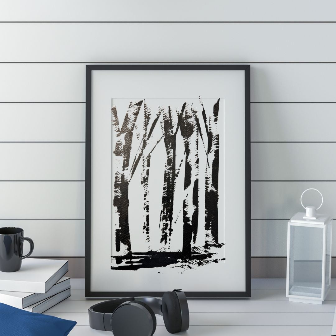 Black and white illustration of trees by Ottawa-based artist Mireille Laroche
