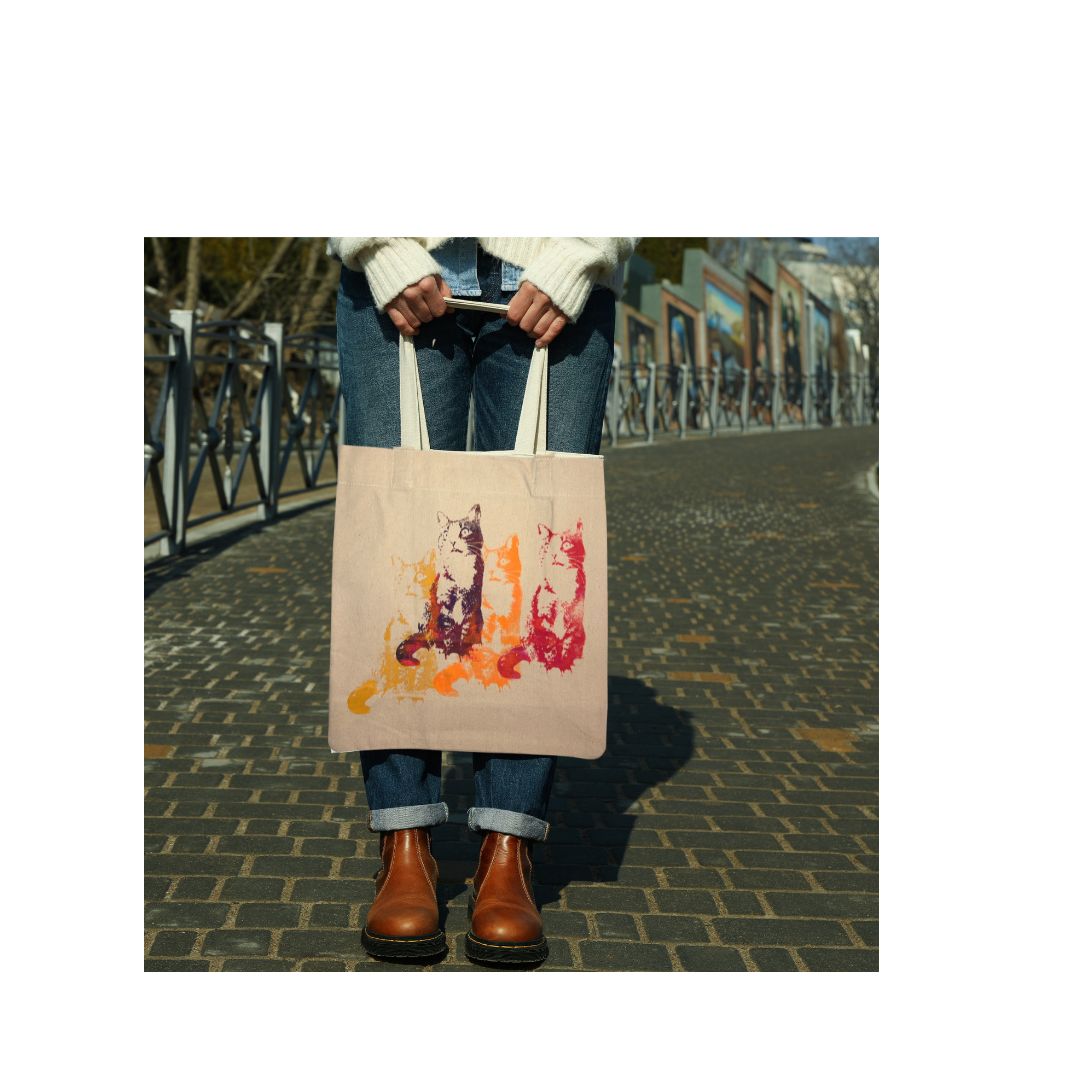 Person holding a tote bag with cat design on a street.