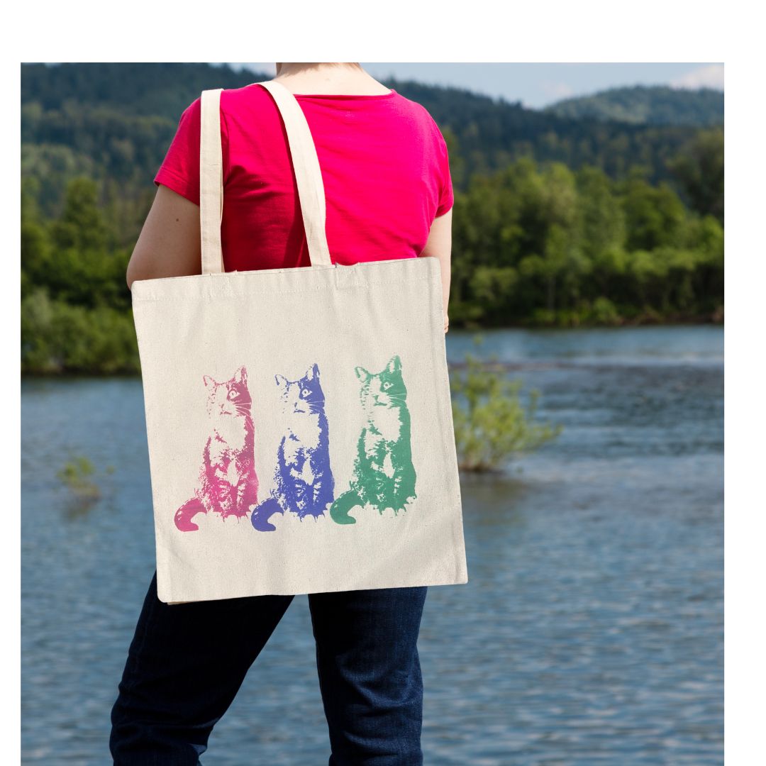 Small Totebag - 3 cats (blue,pink and green)/ Sac fourre-tout 3 chats de grandeur petit