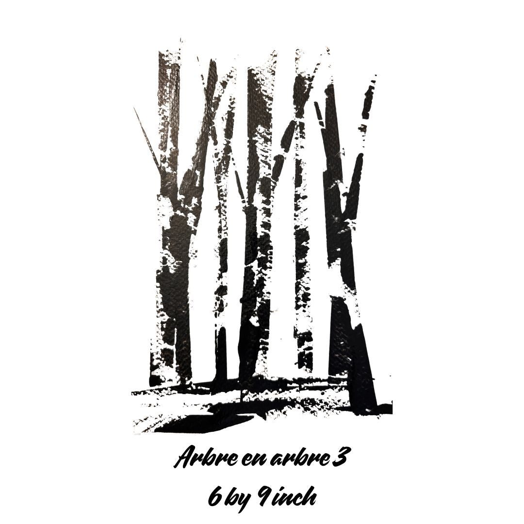 Black and white illustration of trees with text indicating size and title