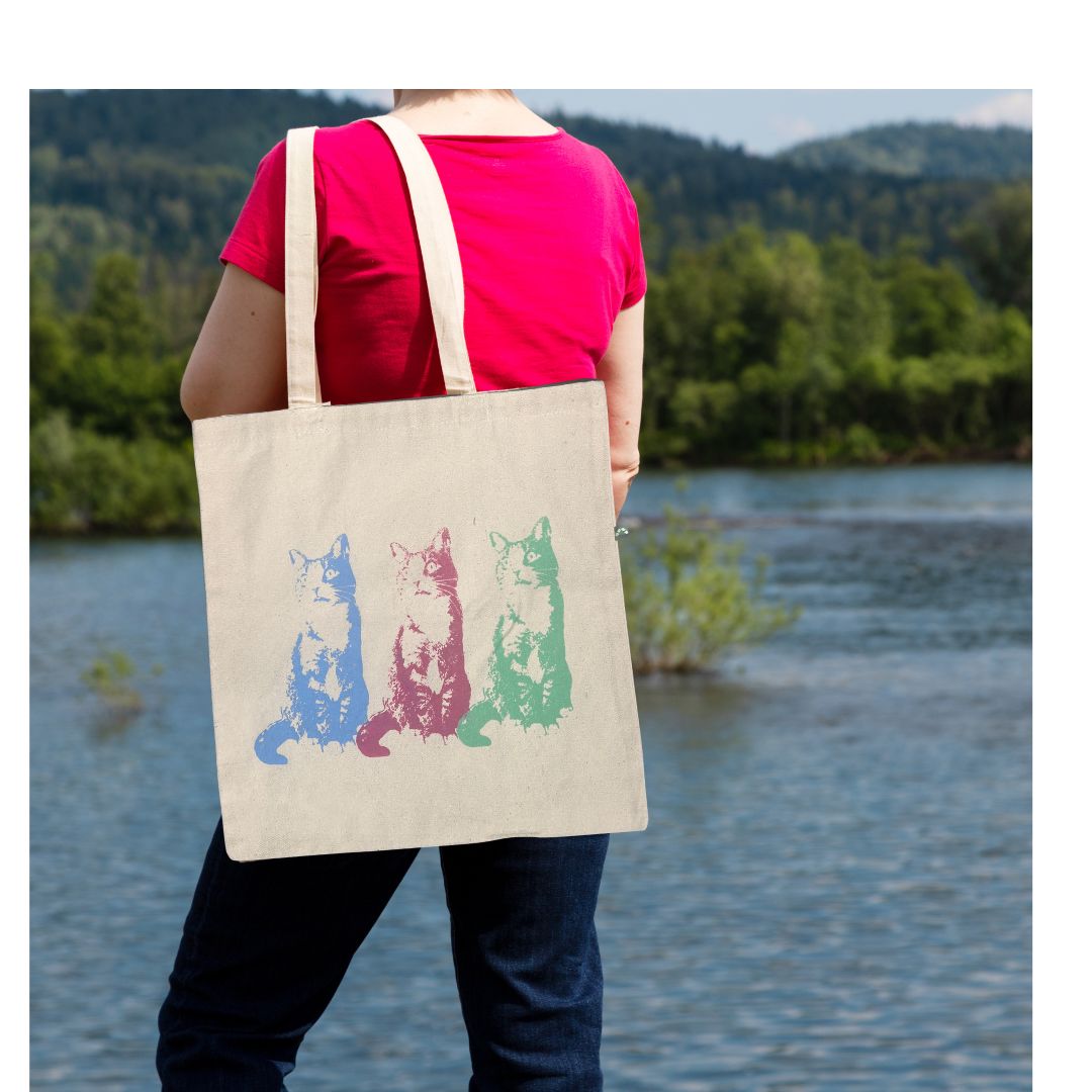 Junebug Collection - Small Totebag - 3 cats (blue,pink and green #2)/ Sac fourre-tout 3 chats de grandeur petit #2