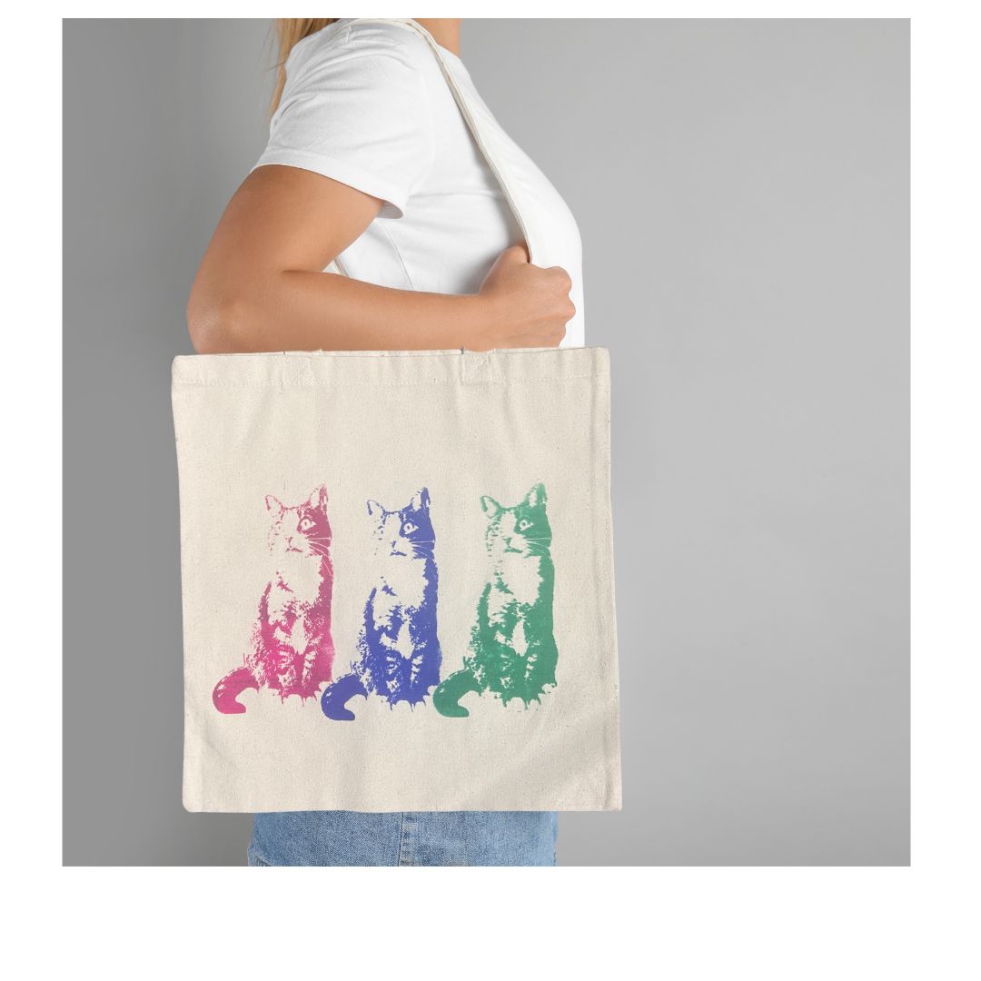 Small Totebag - 3 cats (blue,pink and green)/ Sac fourre-tout 3 chats de grandeur petit
