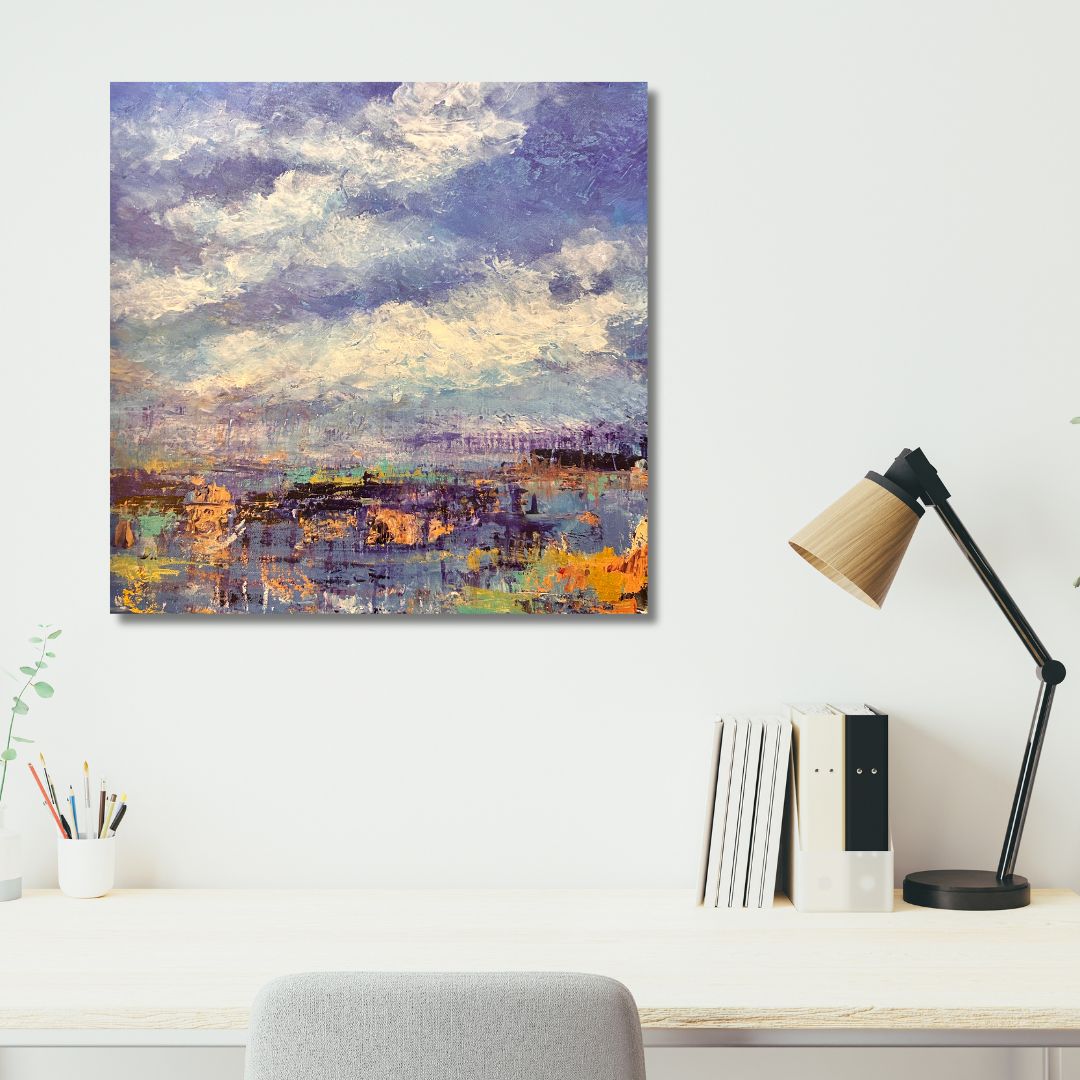 Available.  Original acrylic painting by Ottawa-based artist Mireille Laroche, 20 by 20 inch on a 1.5 inch canvas.