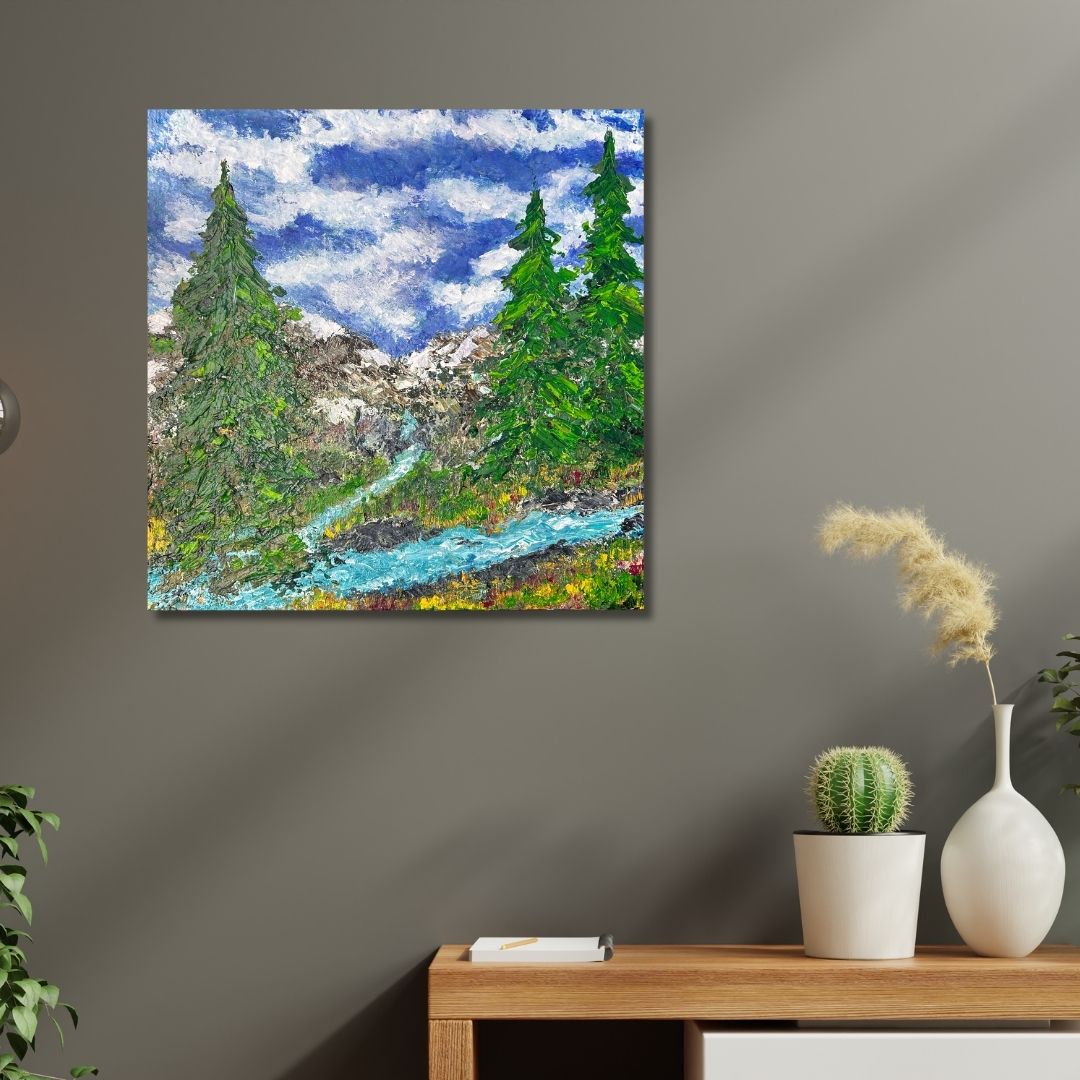 Painting of a mountain landscape with trees and a river by Ottawa artist Mireille Laroche on a wall