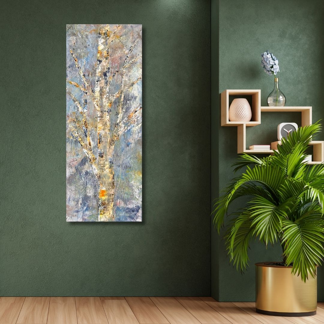 Abstract tree painting by Ottawa artist Mireille Laroche on a green wall with a plant and shelves below.