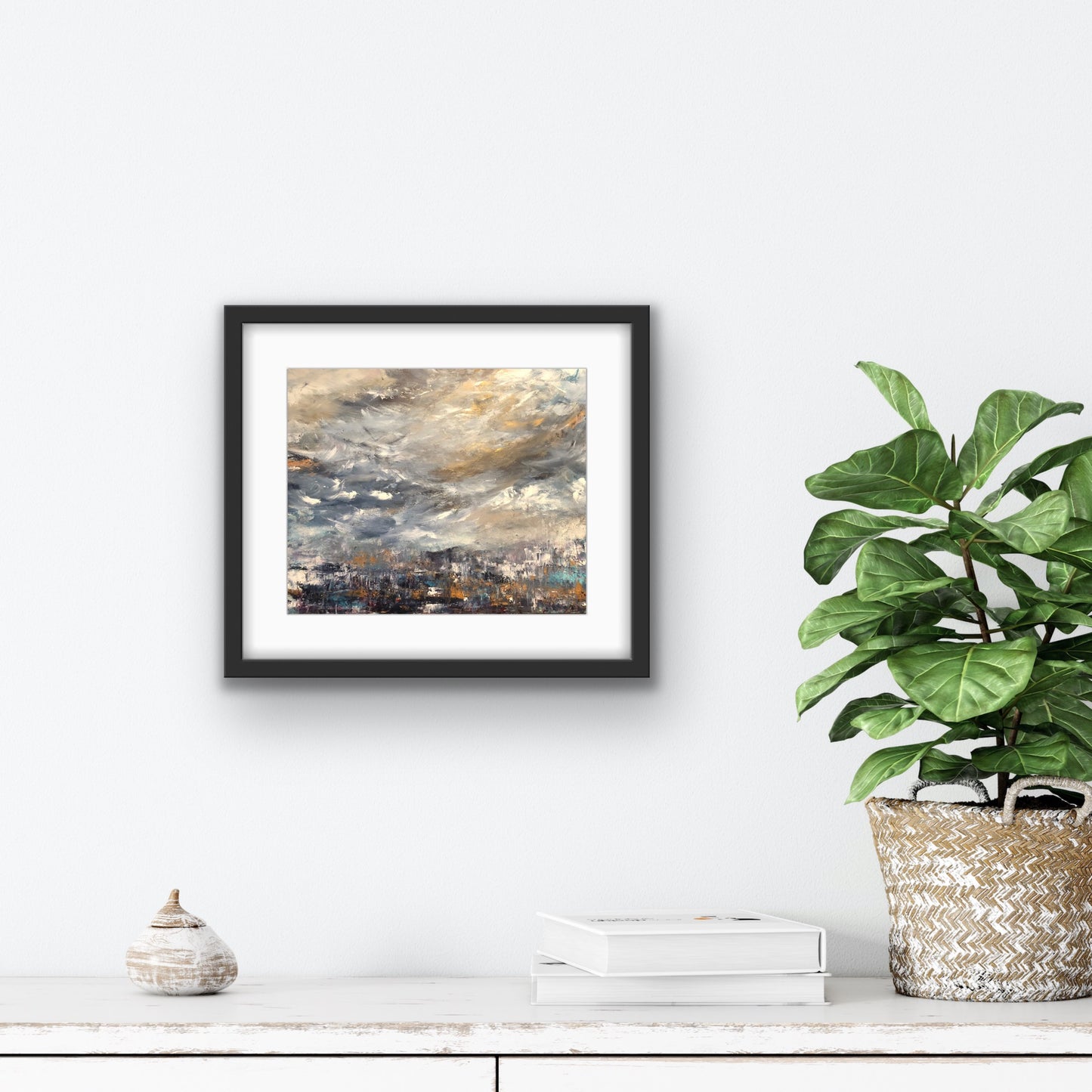 8 by 10 framed print of an original acrylic painting, by Ottawa-based Mireille Laroche. Black frame. Size of product: 11 by 14 inch.
