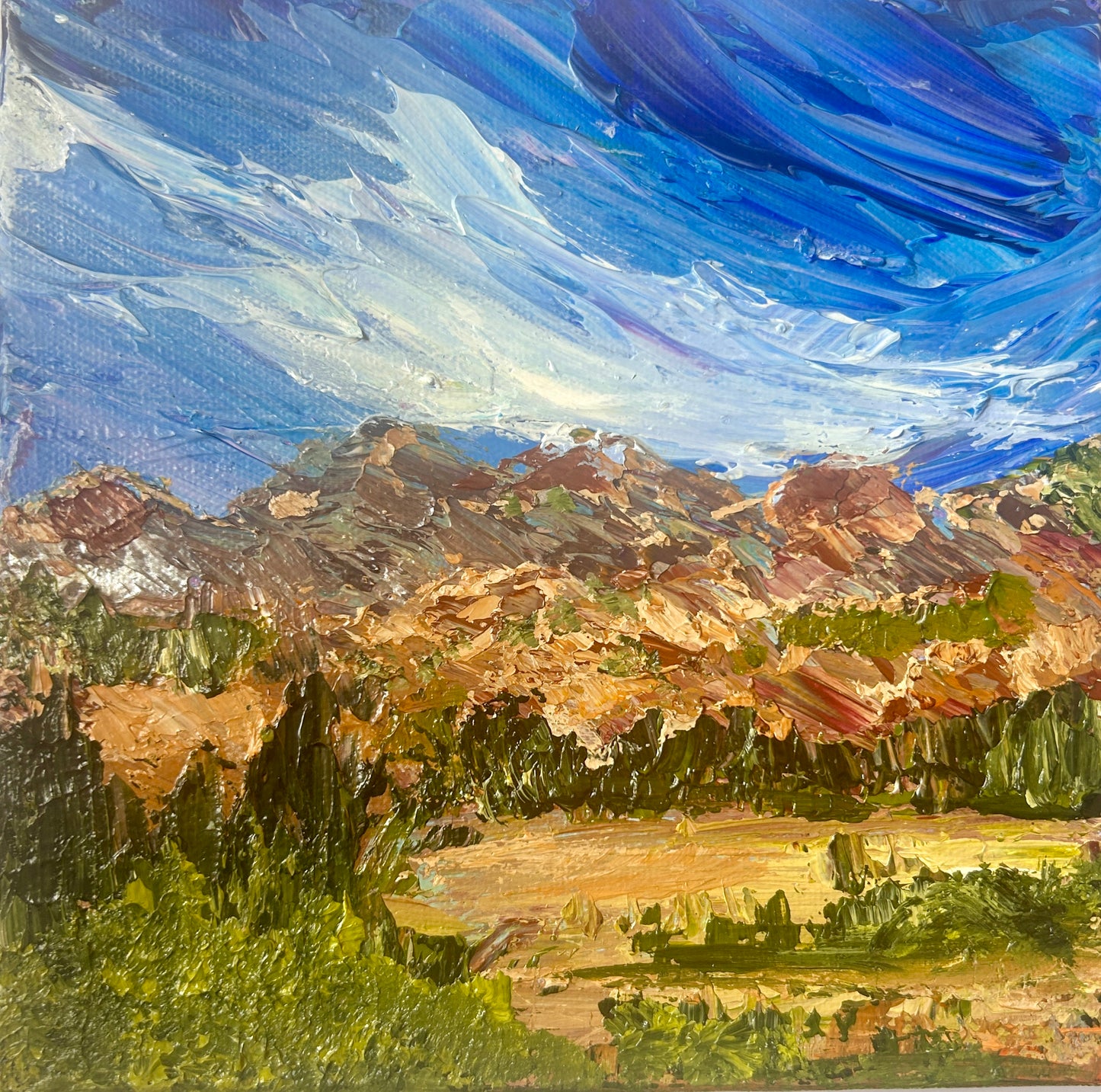 Original acrylic painting of a landscape with trees and a blue sky, painted on a wooden panel by Ottawa-artist Mireille Laroche