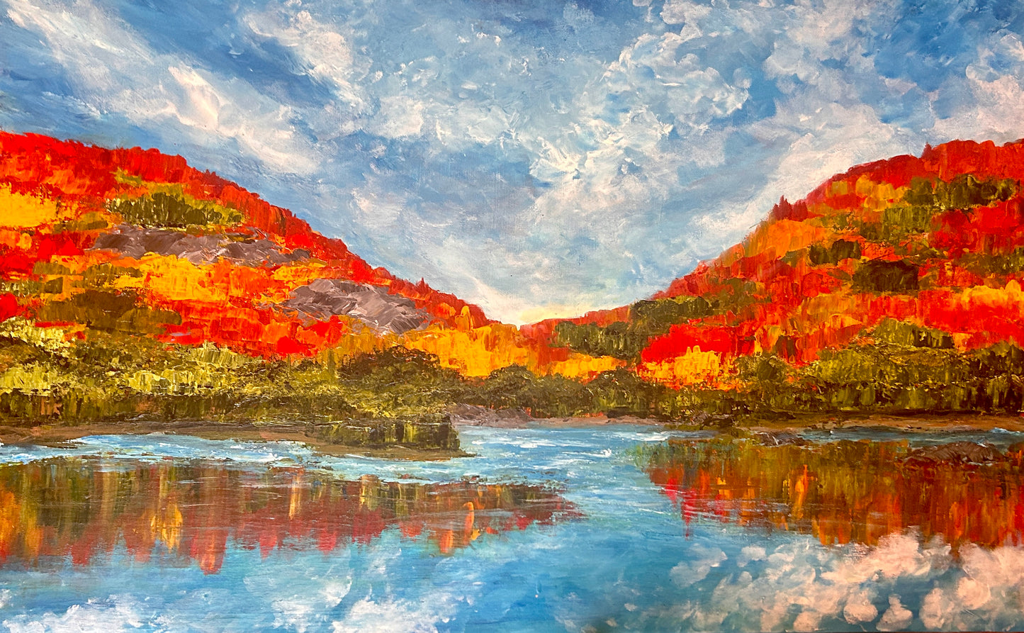 Fall Reflection. Original acrylic artwork, 48 by 36 inch on a 1.5 inch deep canvas, by Ottawa-based artist Mireille Laroche