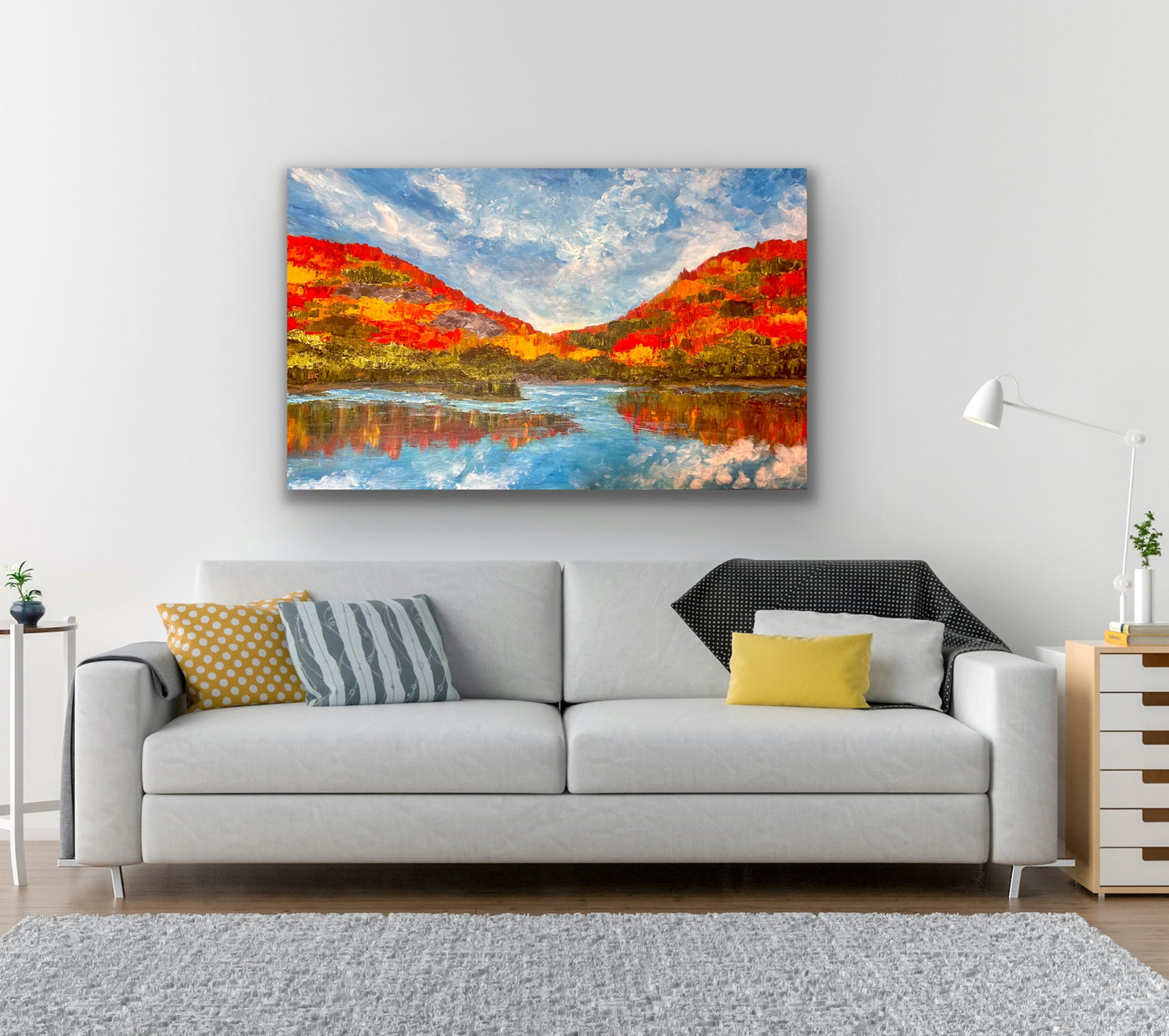 Fall Reflection. Original acrylic artwork, 48 by 36 inch on a 1.5 inch deep canvas, by Ottawa-based artist Mireille Laroche