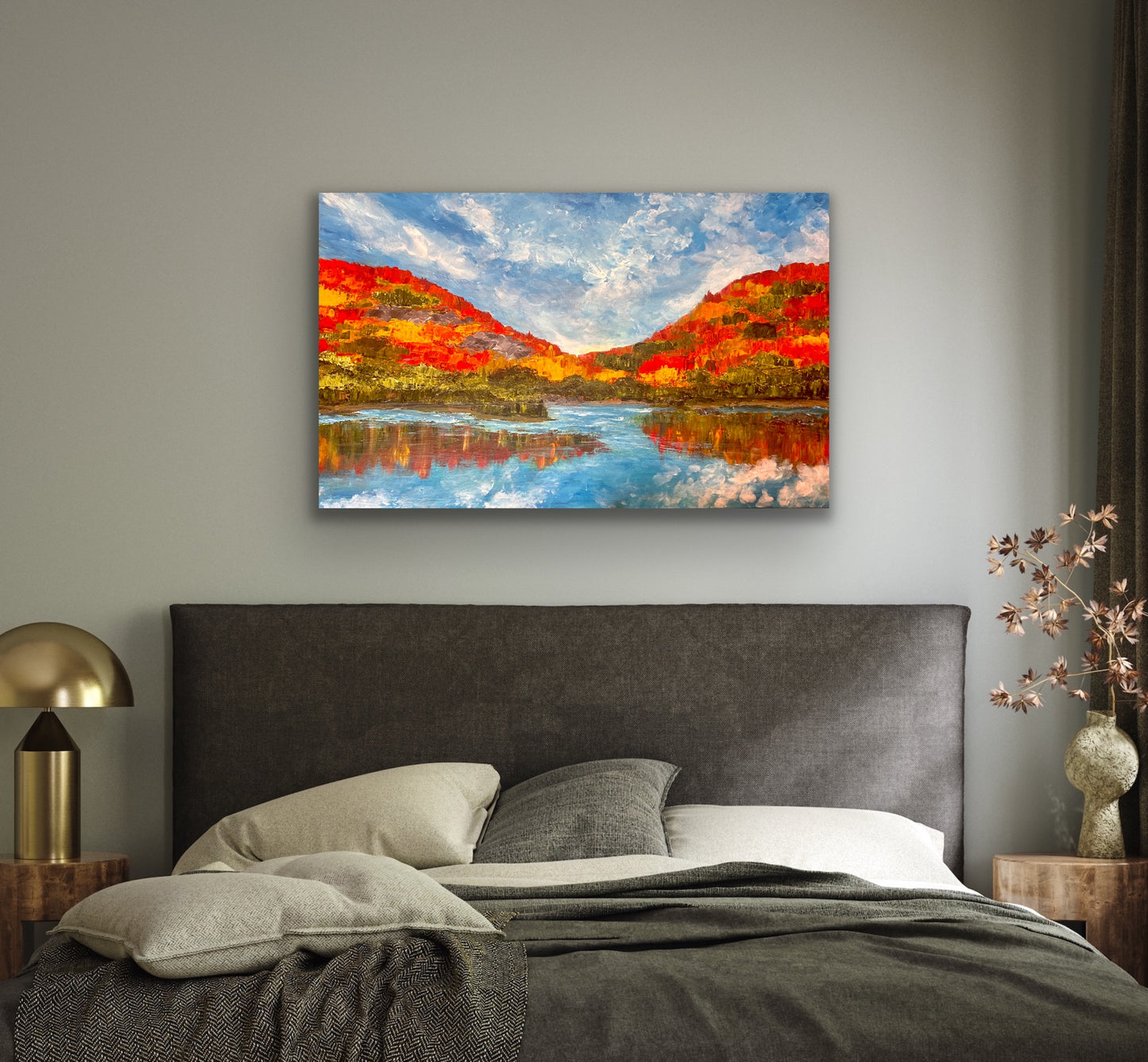 Fall Reflection. Original acrylic artwork, 48 by 36 inch on a 1.5 inch deep canvas, by Ottawa-based artist Mireille Laroche