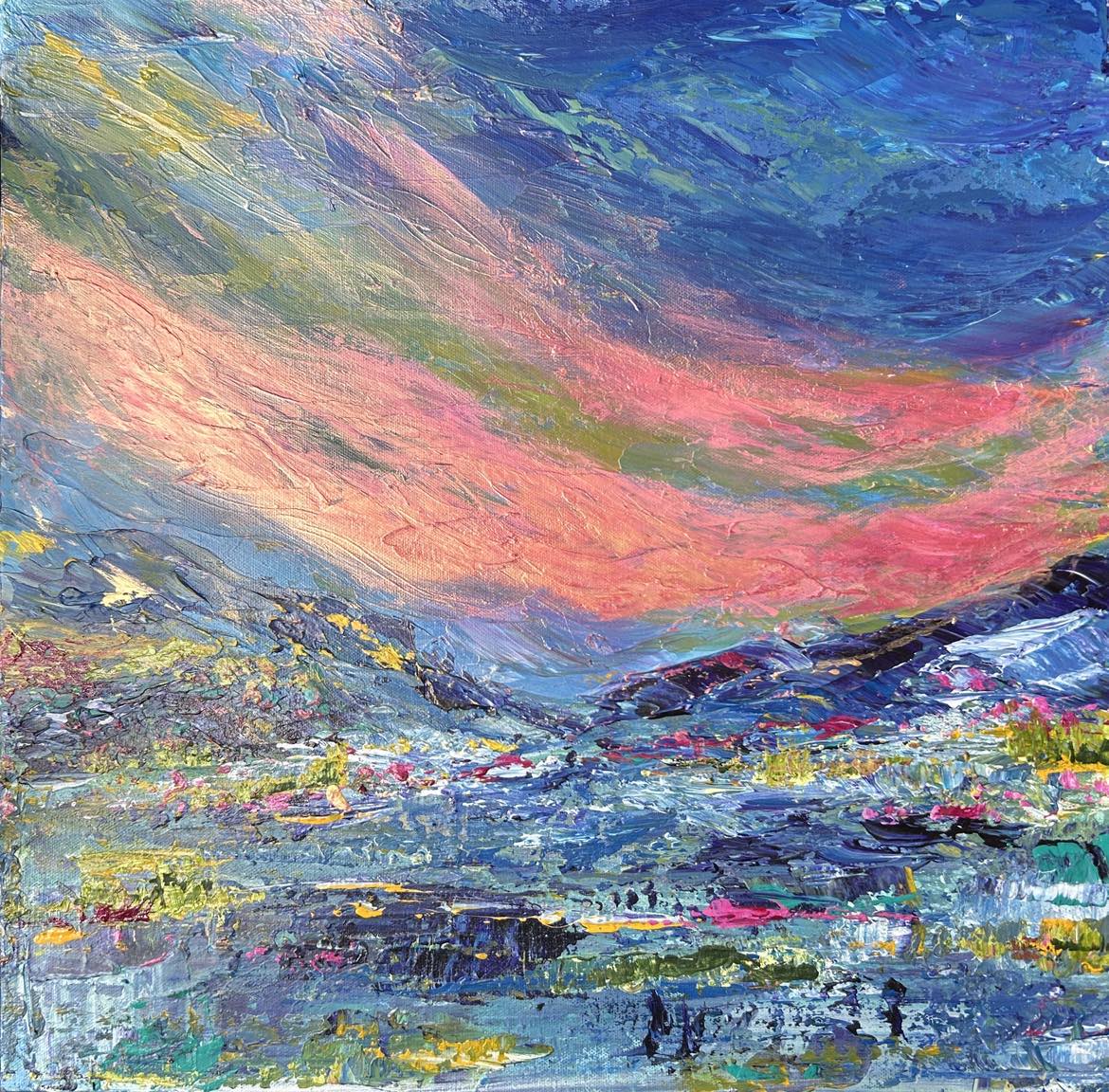 Available. Original acrylic painting 20 by 20 inch on a 1.5 inch deep canvas by Ottawa-based artist Mireille Laroche.