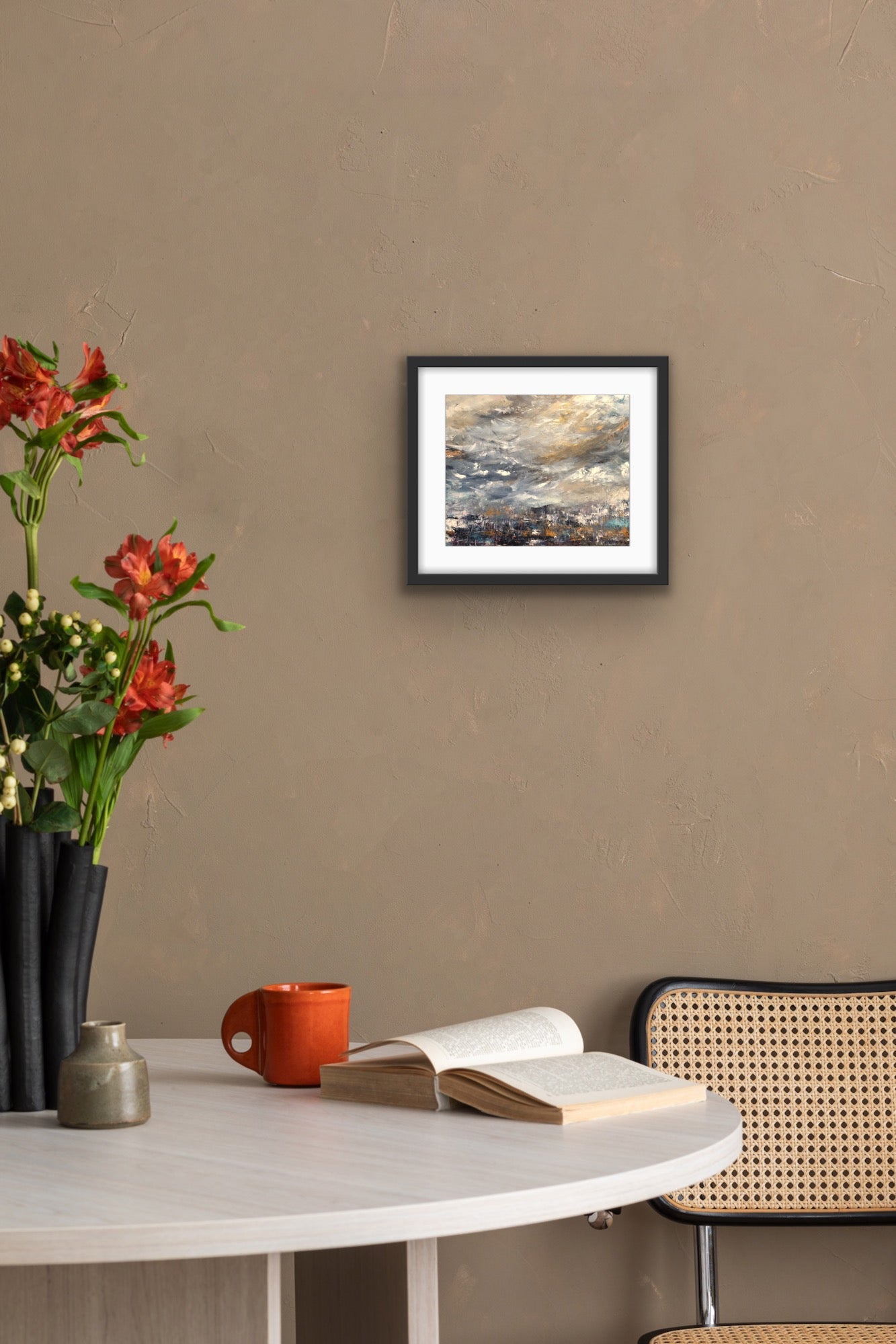 8 by 10 framed print of an original acrylic painting, by Ottawa-based Mireille Laroche. Black frame. Size of product: 11 by 14 inch.