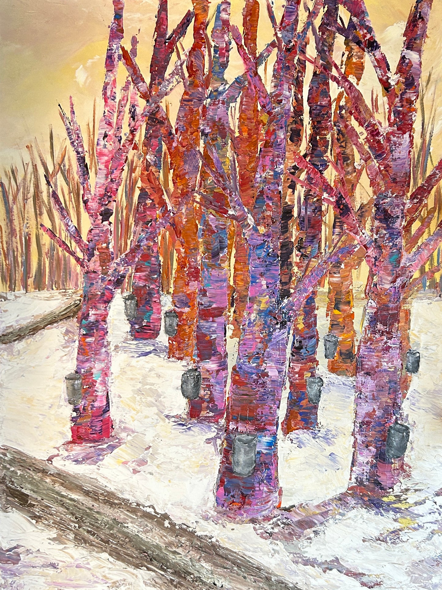 Sugar Bush Time. Original acrylic painting (30 by 40 inch on 1.5 inch deep canvas) by Ottawa-based artist Mireille Laroche
