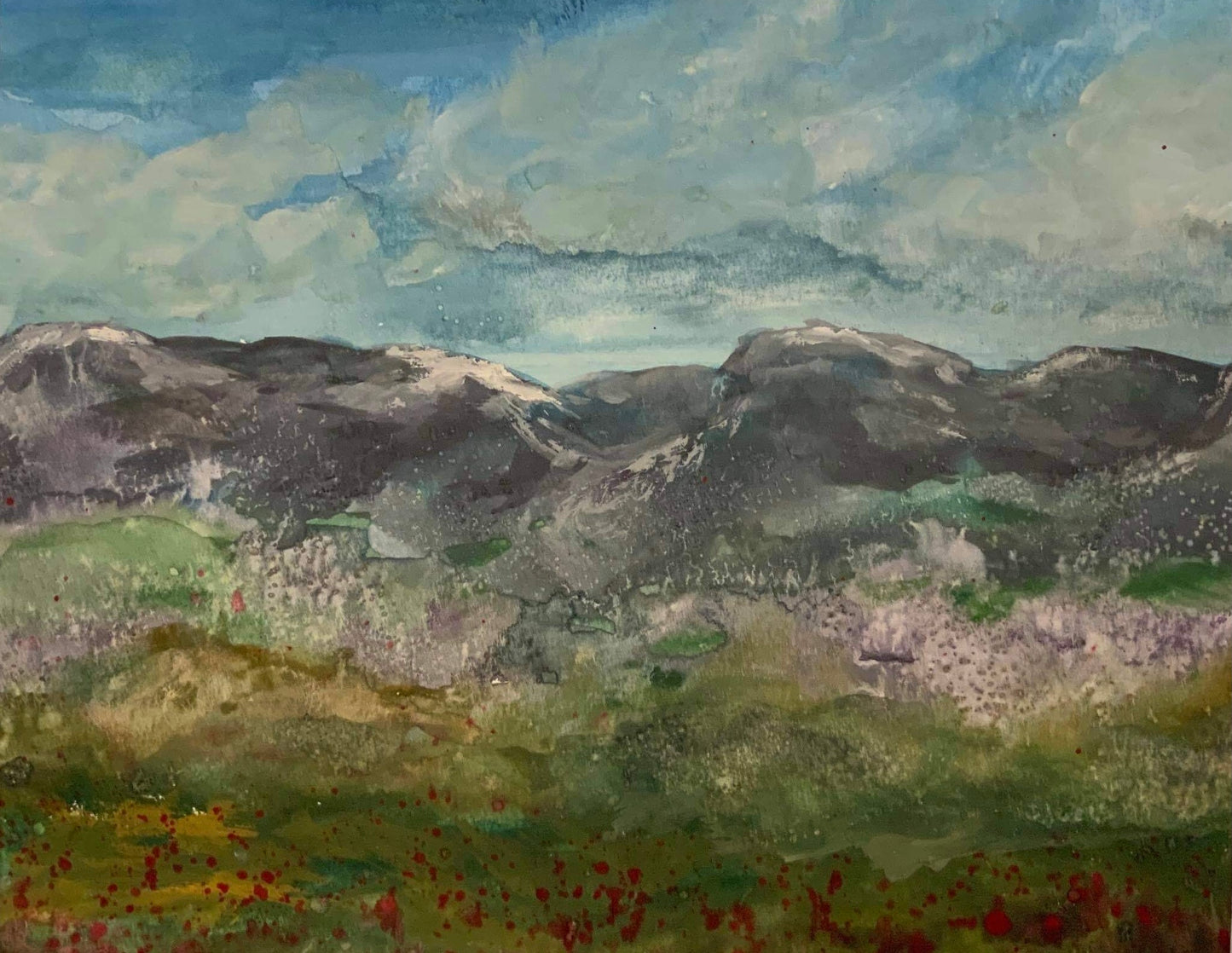 Original watercolor painting 10 by 8 inch, with mat for a 14 by 11 inch product by Ottawa-based artist Mireille Laroche. Title: Mountain flowers. Aquarelle originale par Mireille Laroche d'Ottawa, 10 par 8 pouces, et 14 par 11 pouces avec encart. Titre: fleurs des montagnes.