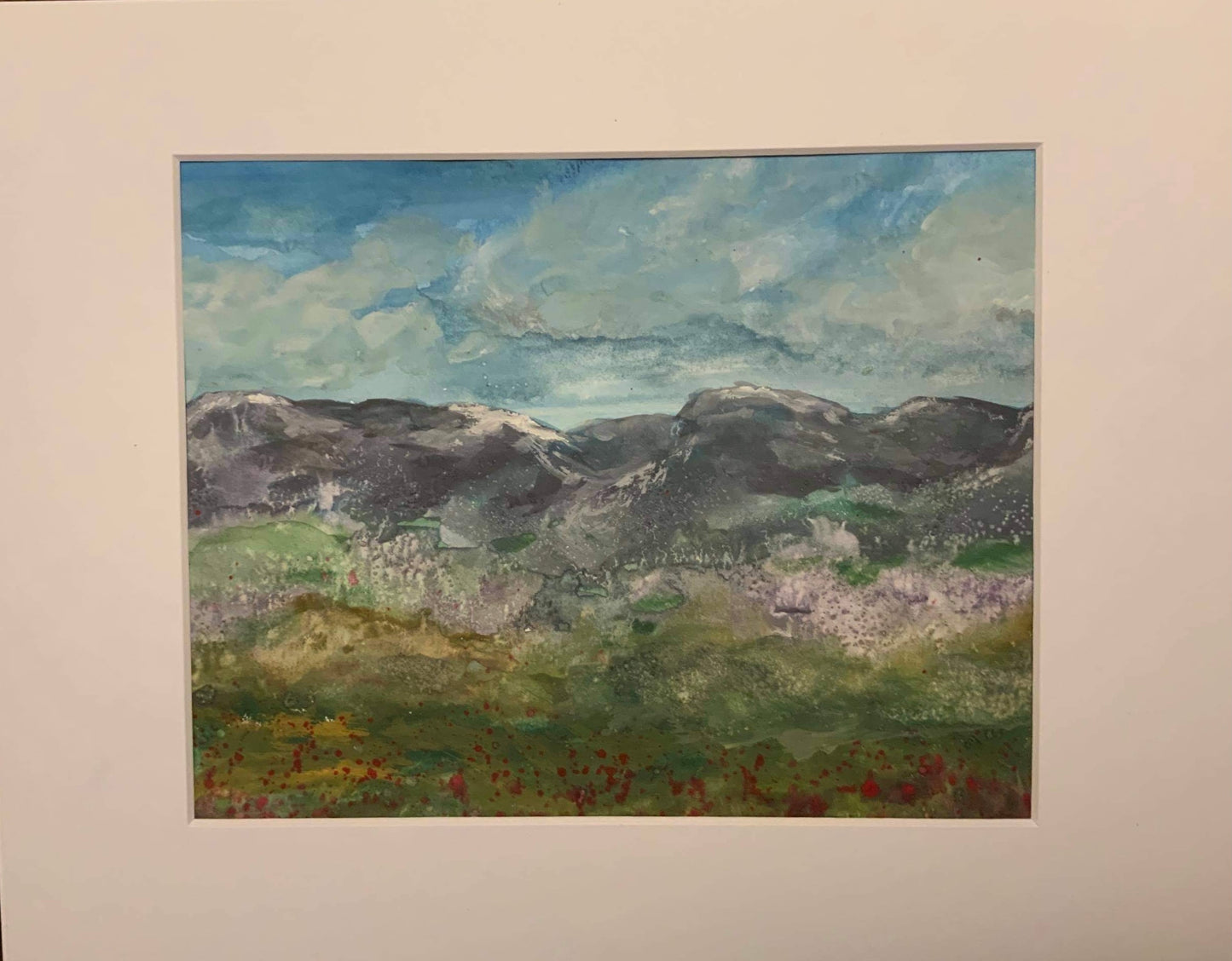 Original watercolor painting 10 by 8 inch, with mat for a 14 by 11 inch product by Ottawa-based artist Mireille Laroche. Title: Mountain flowers. Aquarelle originale par Mireille Laroche d'Ottawa, 10 par 8 pouces, et 14 par 11 pouces avec encart. Titre: fleurs des montagnes.