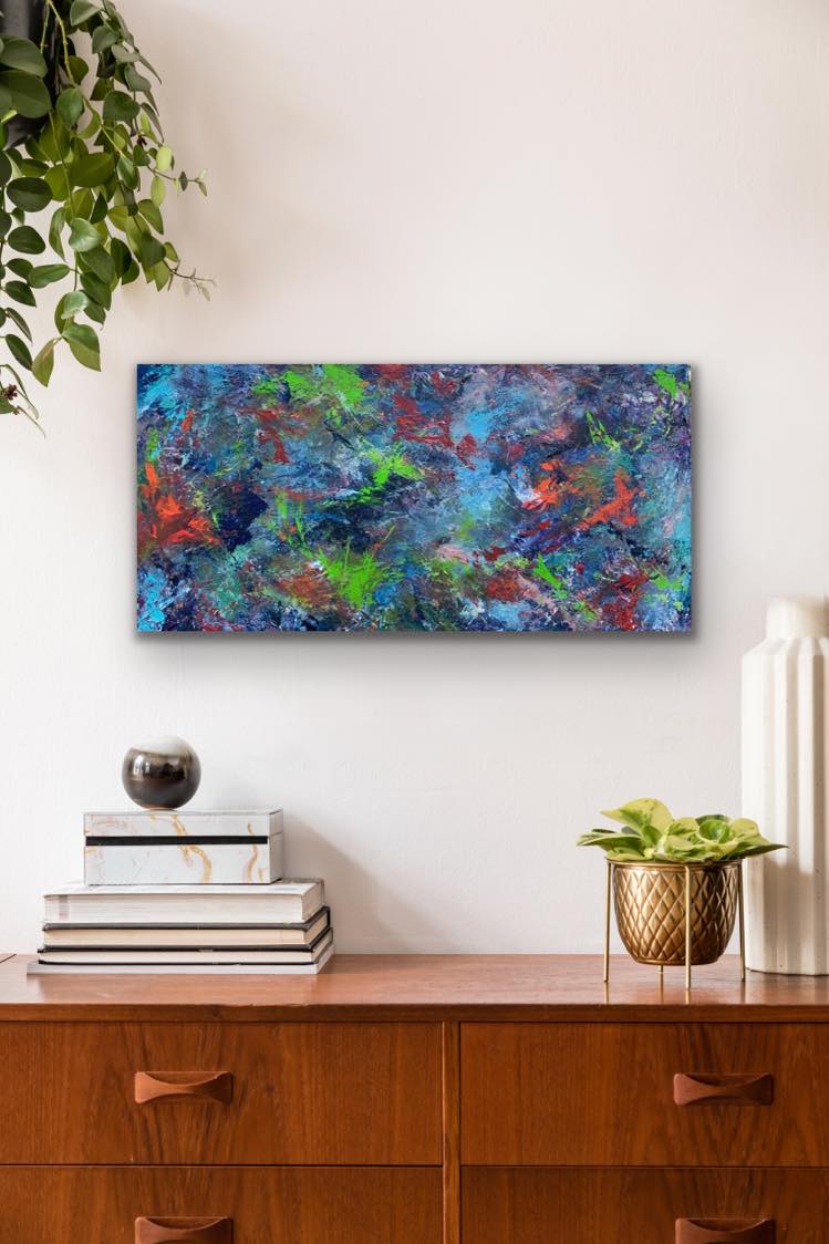 Think Outside the Box, acrylic original painting by Ottawa-based artist Mireille Laroche, 40 by 20 inch