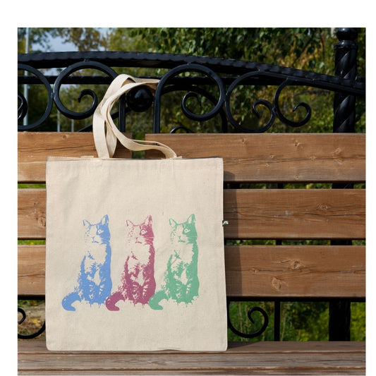 Junebug Collection - Small Totebag - 3 cats (blue,pink and green #2)/ Sac fourre-tout 3 chats de grandeur petit #2