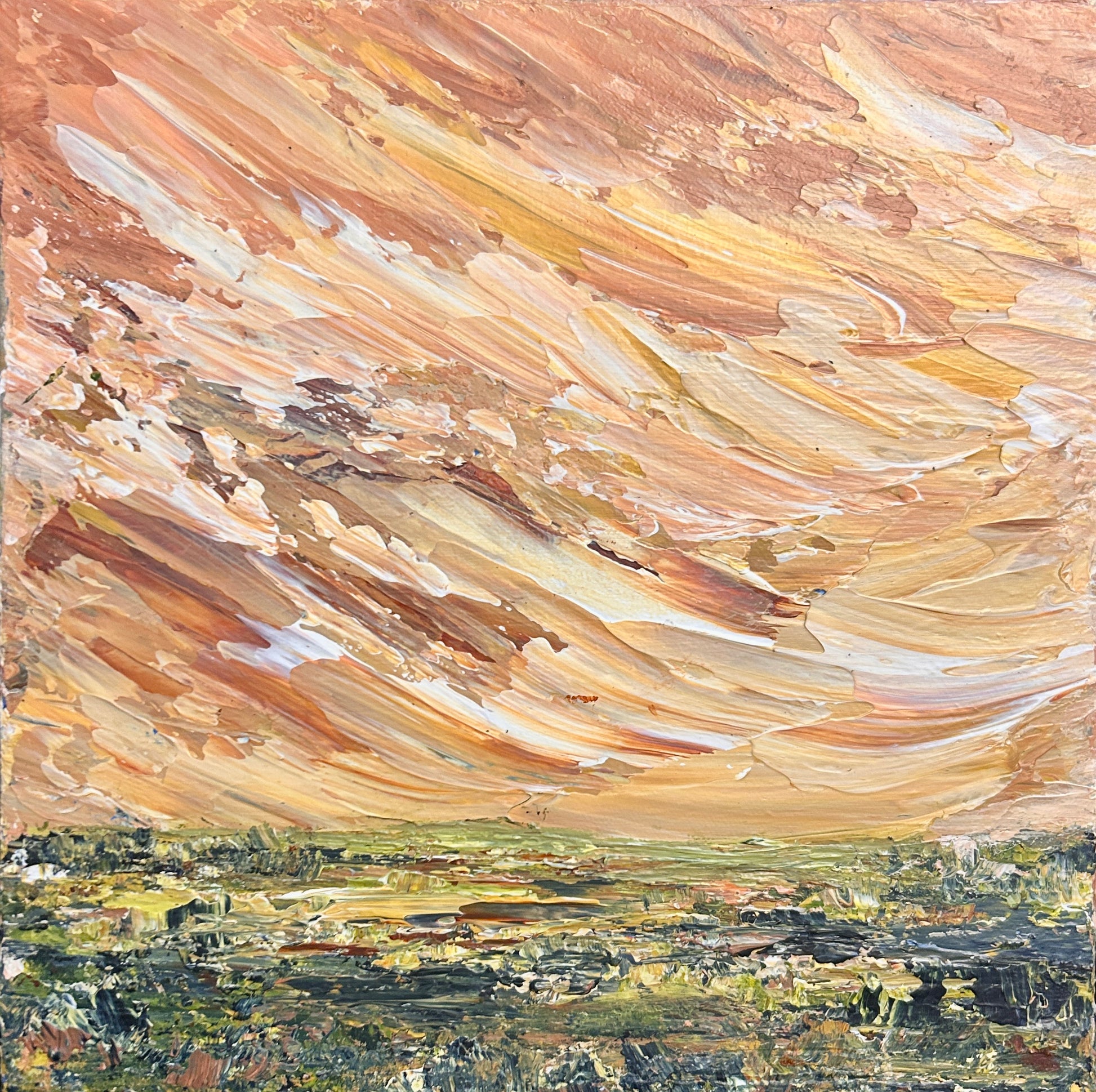 Painting of a landscape with a large, abstract sky in brown and beige tones by Ottawa artist Mireille Laroche