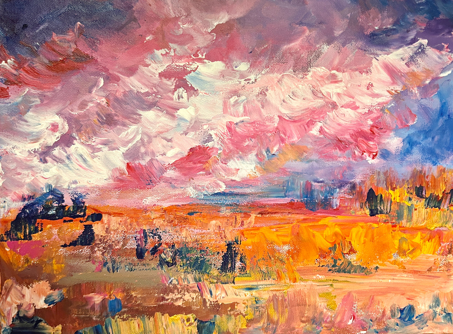 Abstract painting with a colorful sky and landscape by Ottawa artist Mireille Laroche