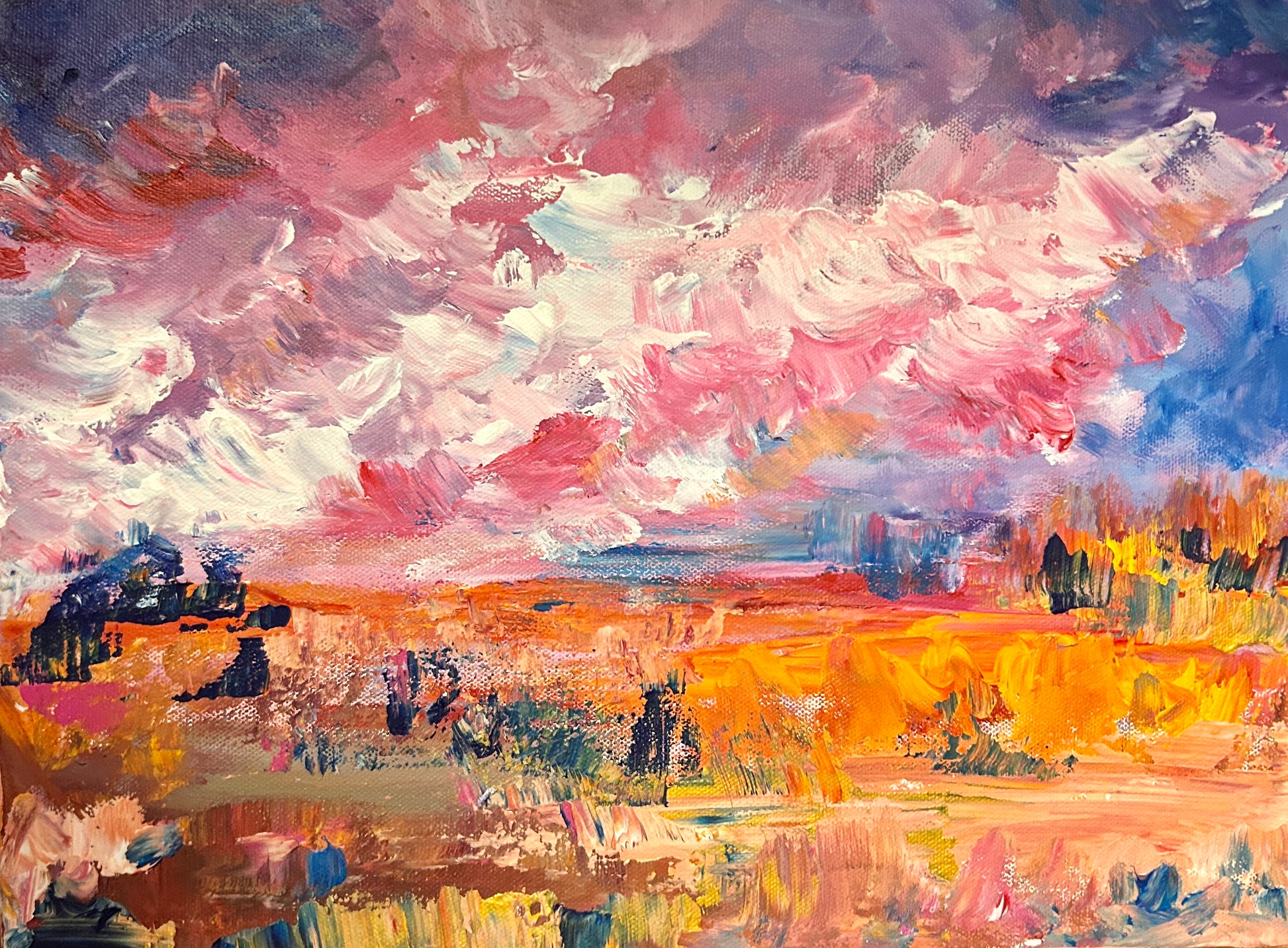 Abstract painting with a colorful sky and landscape by Ottawa artist Mireille Laroche