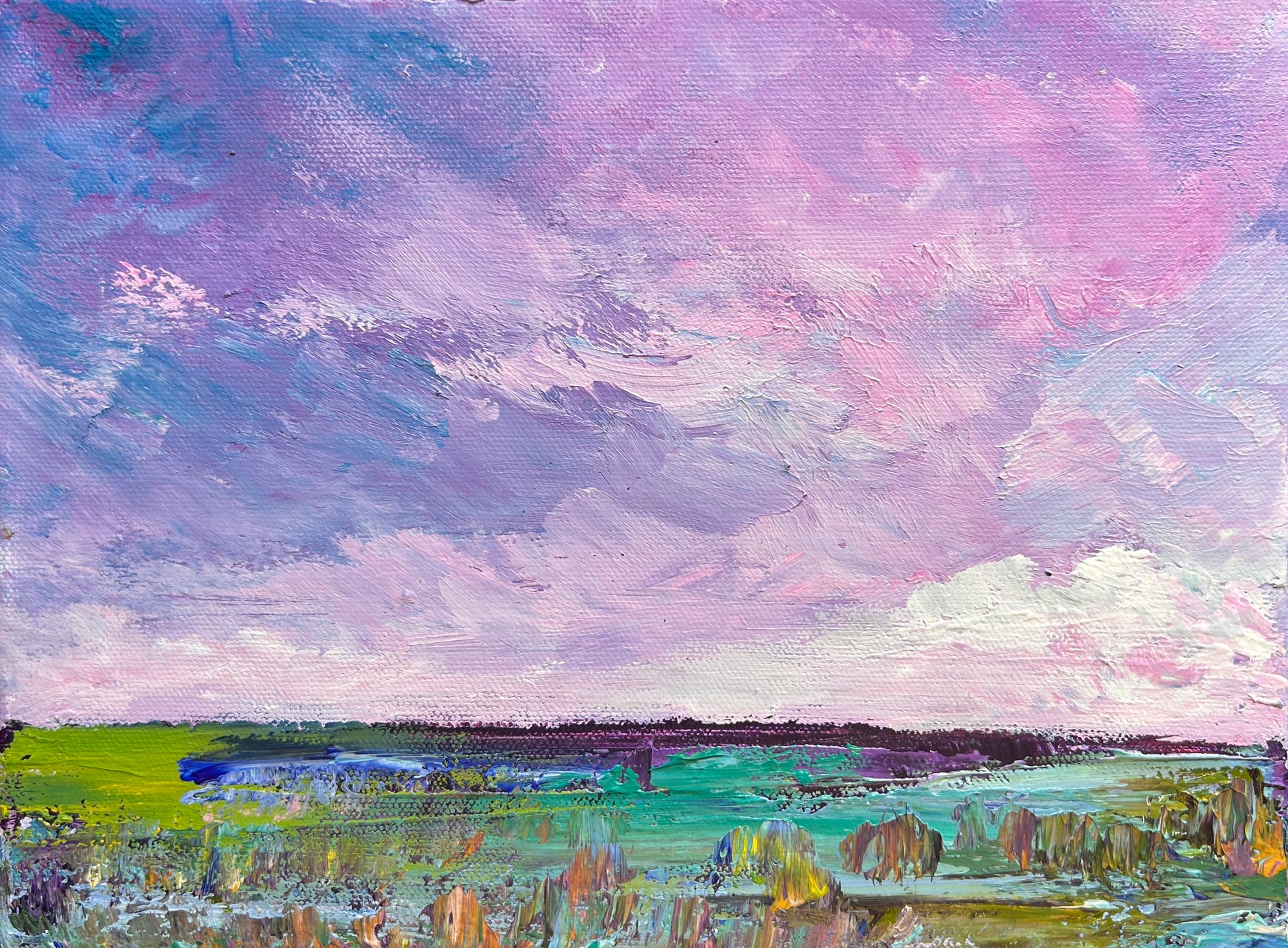 Painting of an abstract  landscape with a pink and purple sky over green  fields by Ottawa artist Mireille Laroche
