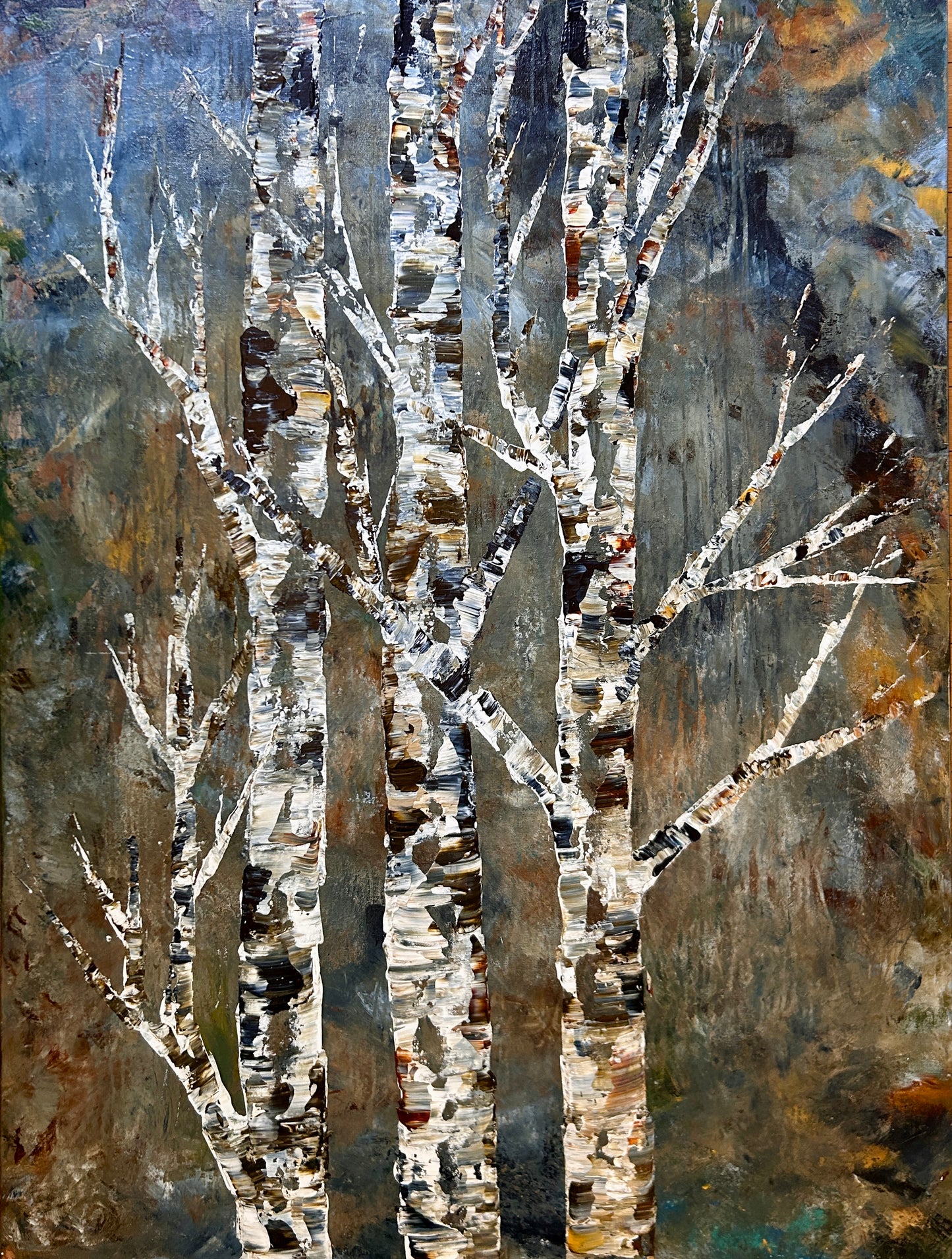 Abstract art piece with tree-like branches on a textured background by Ottawa artist Mireille Laroche