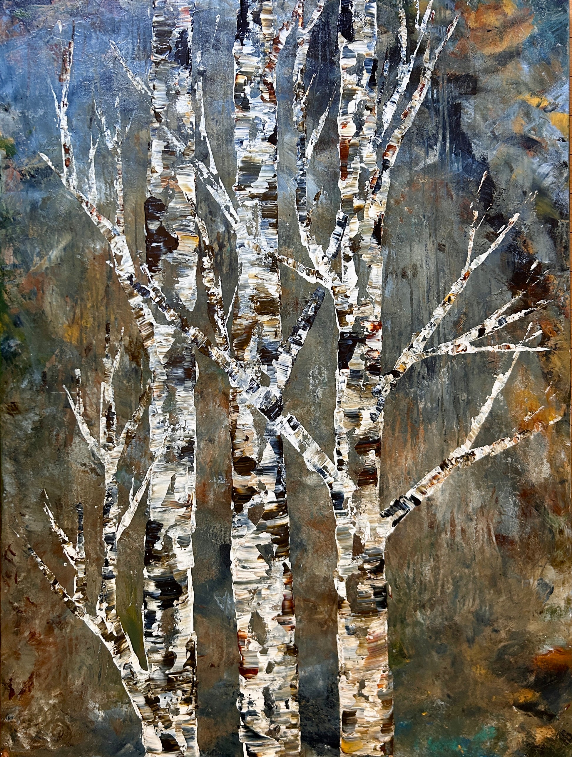 Abstract art piece with tree-like branches on a textured background by Ottawa artist Mireille Laroche