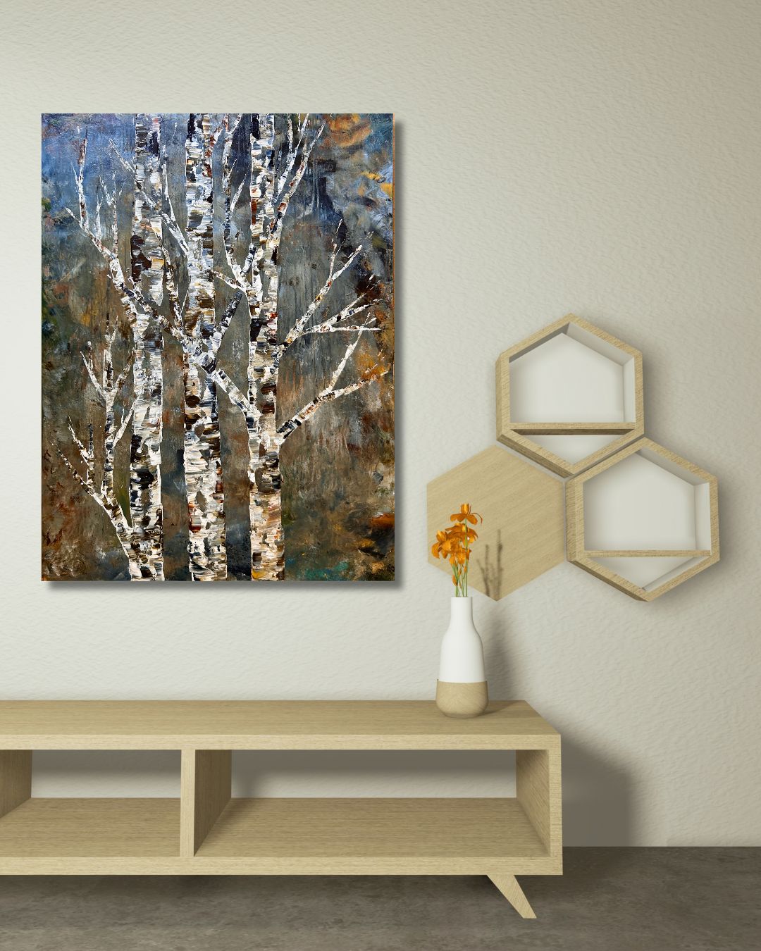Abstract painting of trees on a wall above a wooden console table by Ottawa artist Mireille Laroche