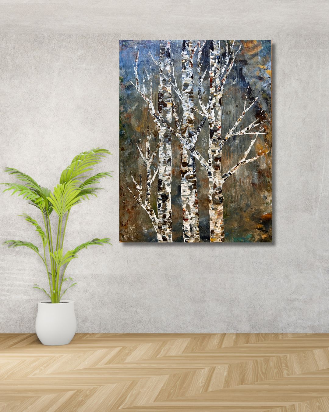 Painting of birch trees on a wall with a plant and wooden floor by Ottawa artist Mireille Laroche