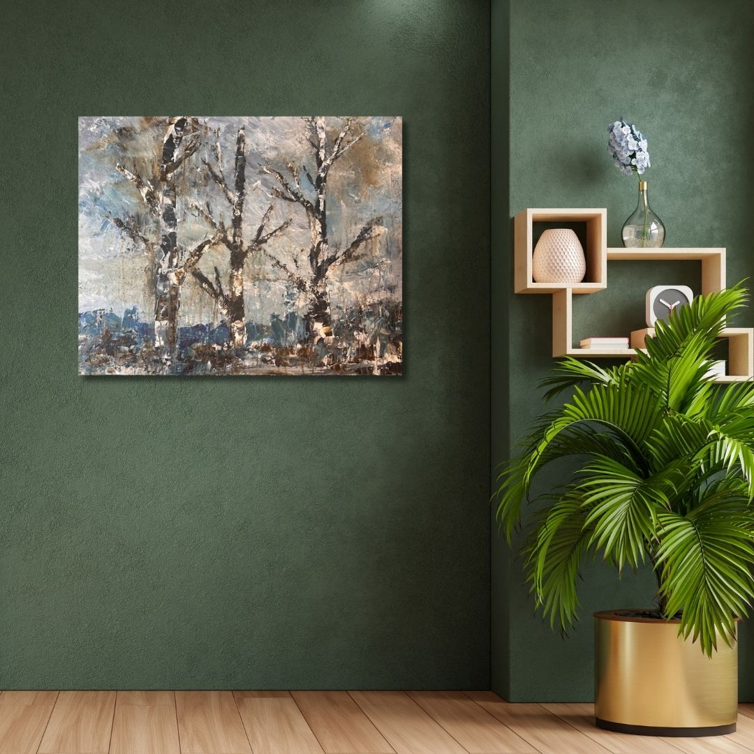 Abstract painting of trees by Ottawa artist Mireille Laroche on a wall