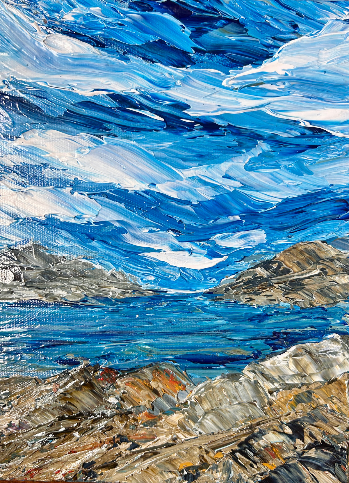 Original 9 by 12 inch acrylic painting on a 1.5 inch deep canvas by Ottawa artist Mireille Laroche depicting a seaside landscape.  