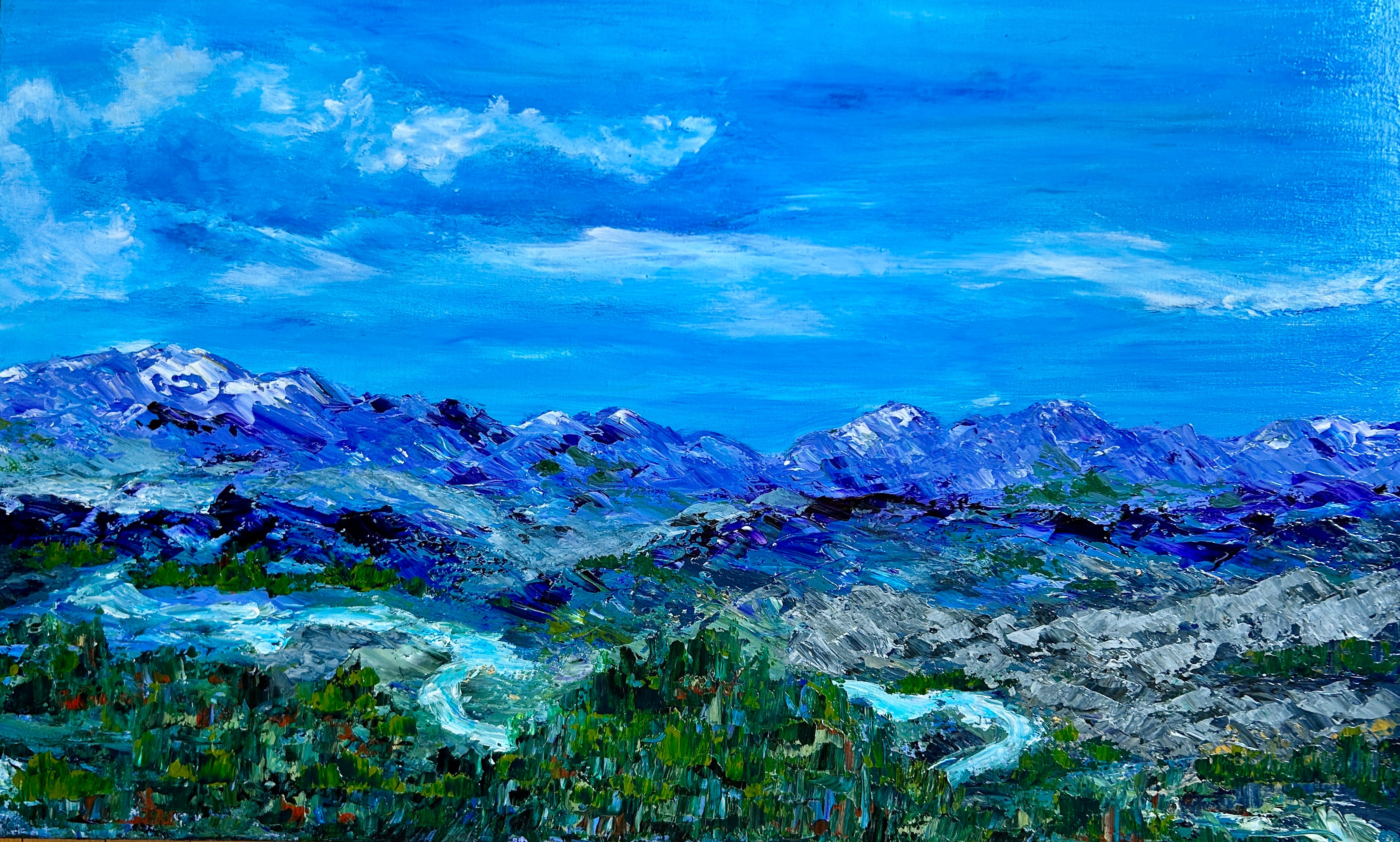 Painting of a mountain landscape with blue sky and greenery by Ottawa artist Mireille Laroche