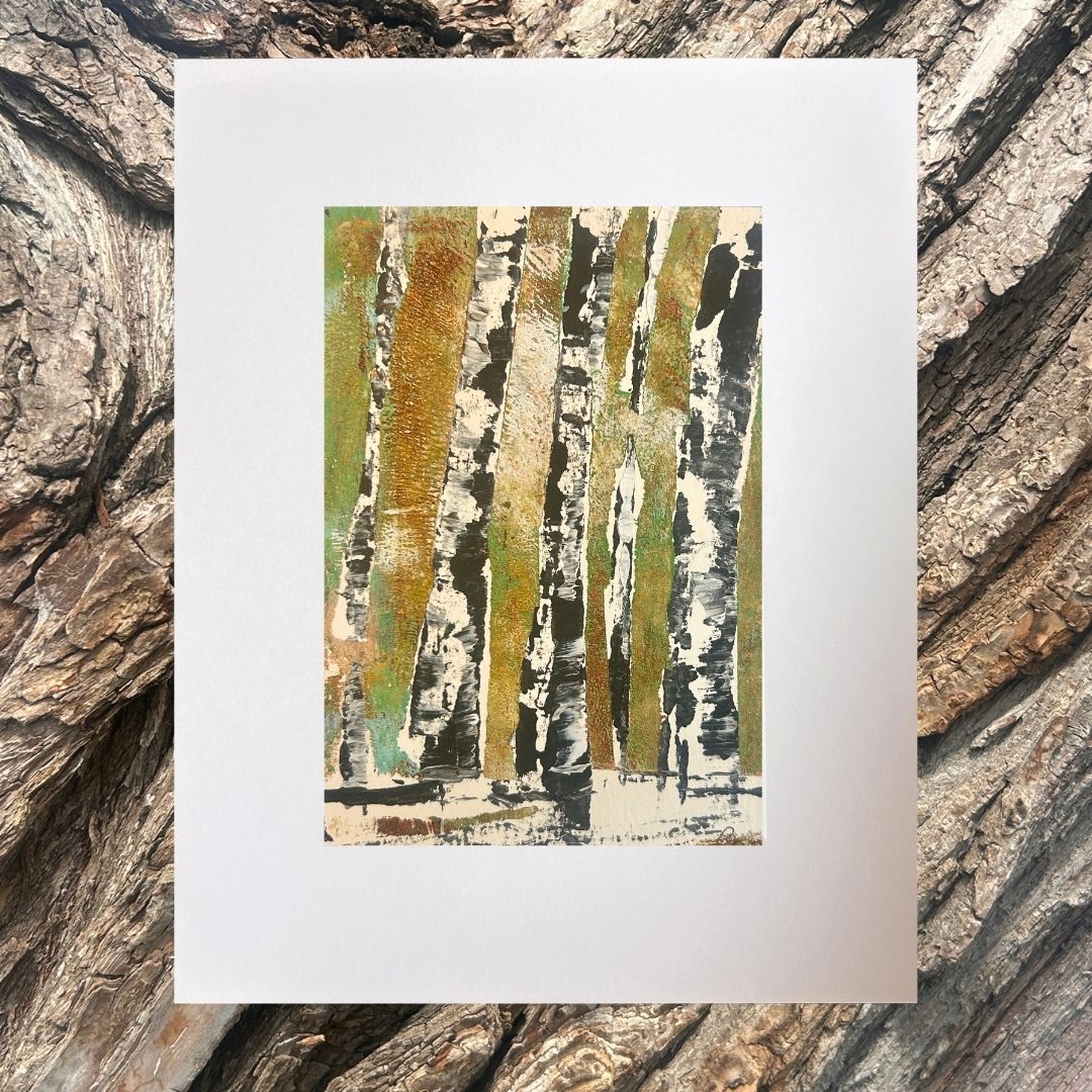 Original mixed media artwork on paper by Ottawa-based Mireille Laroche- 5 by 7 inch, 8 by 10 with white mat.