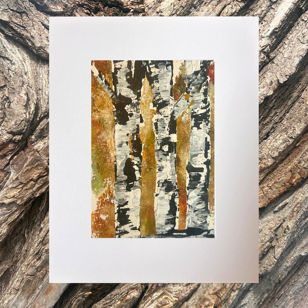 Original mixed media artwork on paper by Ottawa-based Mireille Laroche- 5 by 7 inch, 8 by 10 with white mat.