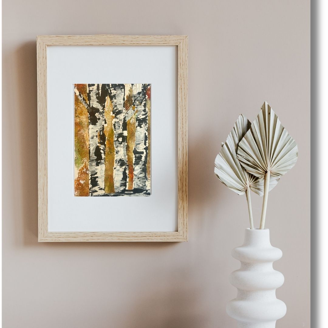 Original mixed media artwork on paper by Ottawa-based Mireille Laroche- 5 by 7 inch, 8 by 10 with white mat.