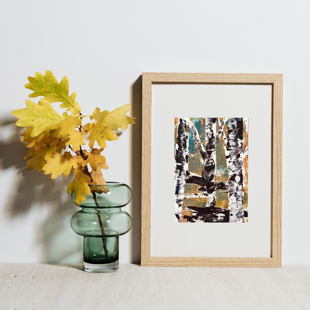 Original mixed media artwork on paper by Ottawa-based Mireille Laroche- 5 by 7 inch, 8 by 10 with white mat.