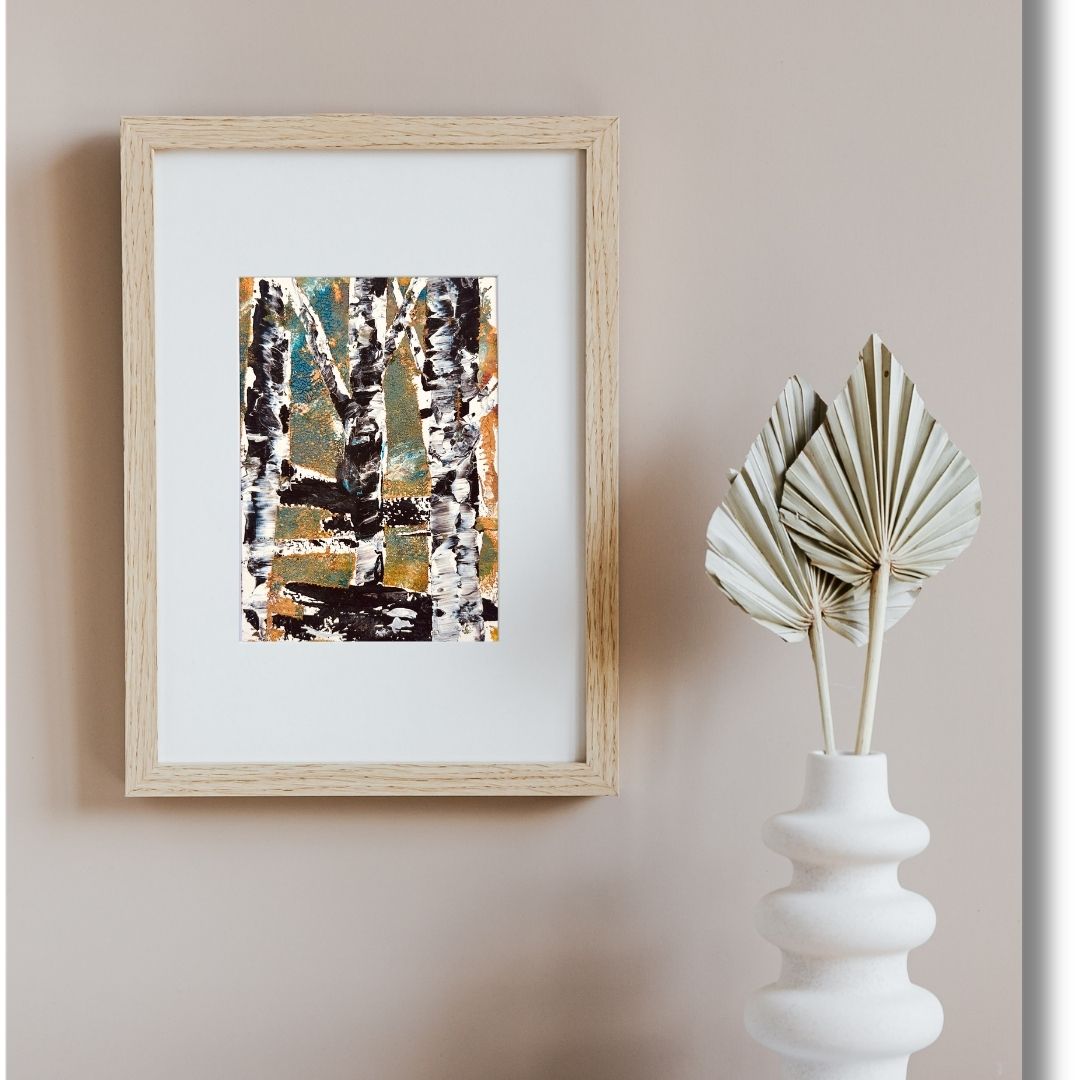 Original mixed media artwork on paper by Ottawa-based Mireille Laroche- 5 by 7 inch, 8 by 10 with white mat.