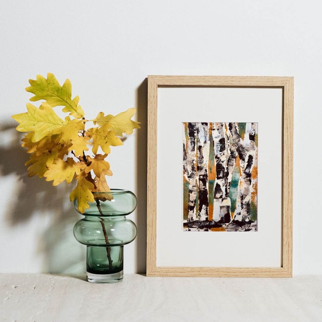 Original mixed media artwork on paper by Ottawa-based Mireille Laroche- 5 by 7 inch, 8 by 10 with white mat.
