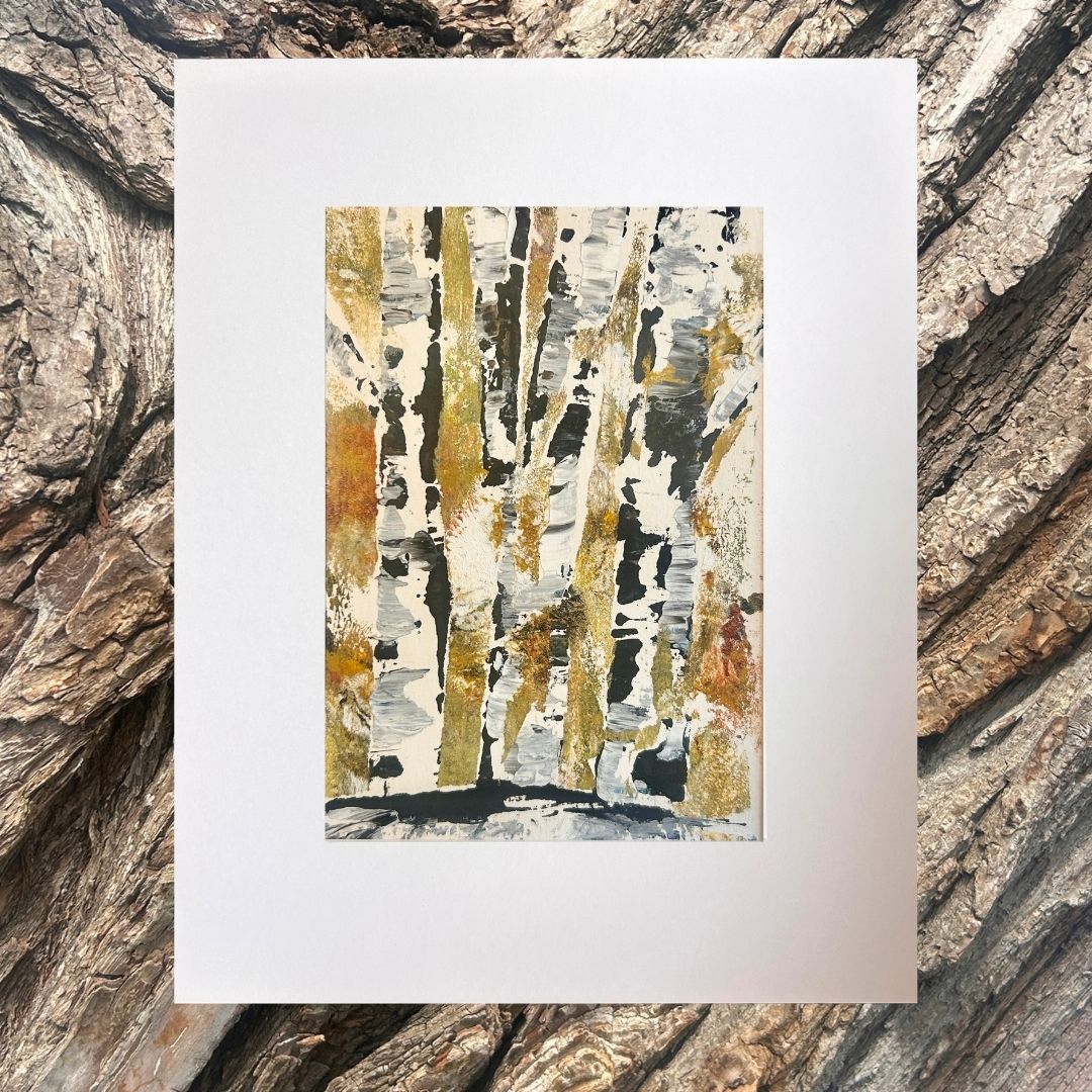 Original mixed media artwork on paper by Ottawa-based Mireille Laroche- 5 by 7 inch, 8 by 10 with white mat.