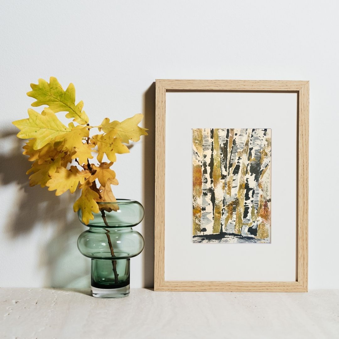 Original mixed media artwork on paper by Ottawa-based Mireille Laroche- 5 by 7 inch, 8 by 10 with white mat.