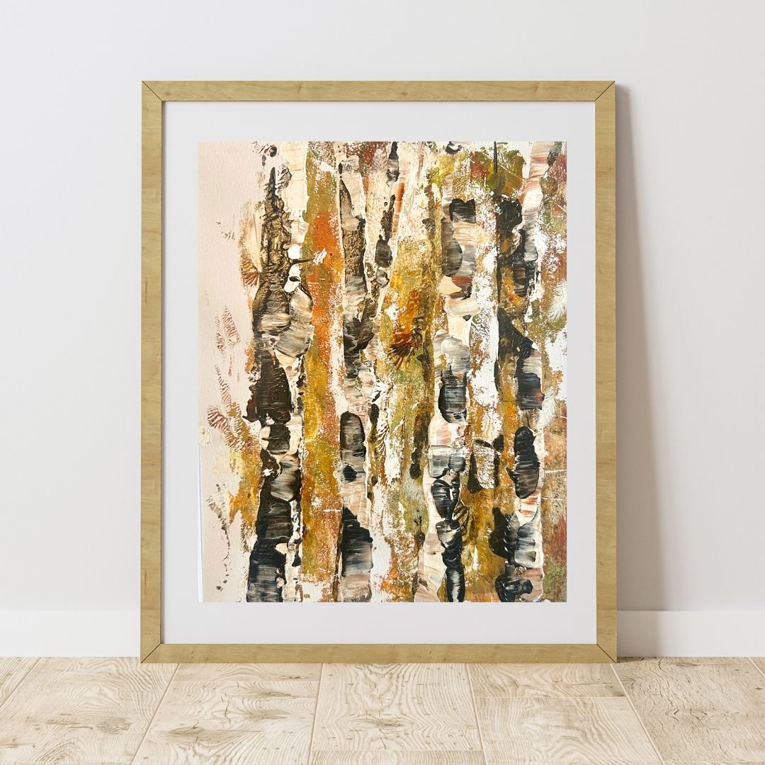 Original mixed media artwork on paper by Ottawa-based Mireille Laroche- 8 by 10 inch, 11 by 14 with white mat.