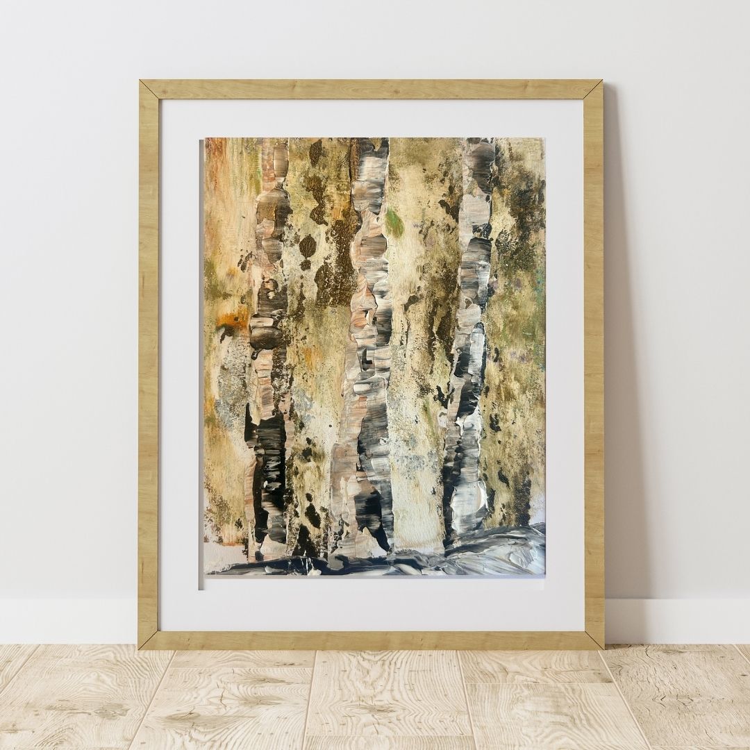 Original mixed media artwork on paper by Ottawa-based Mireille Laroche- 8 by 10 inch, 11 by 14 with white mat.
