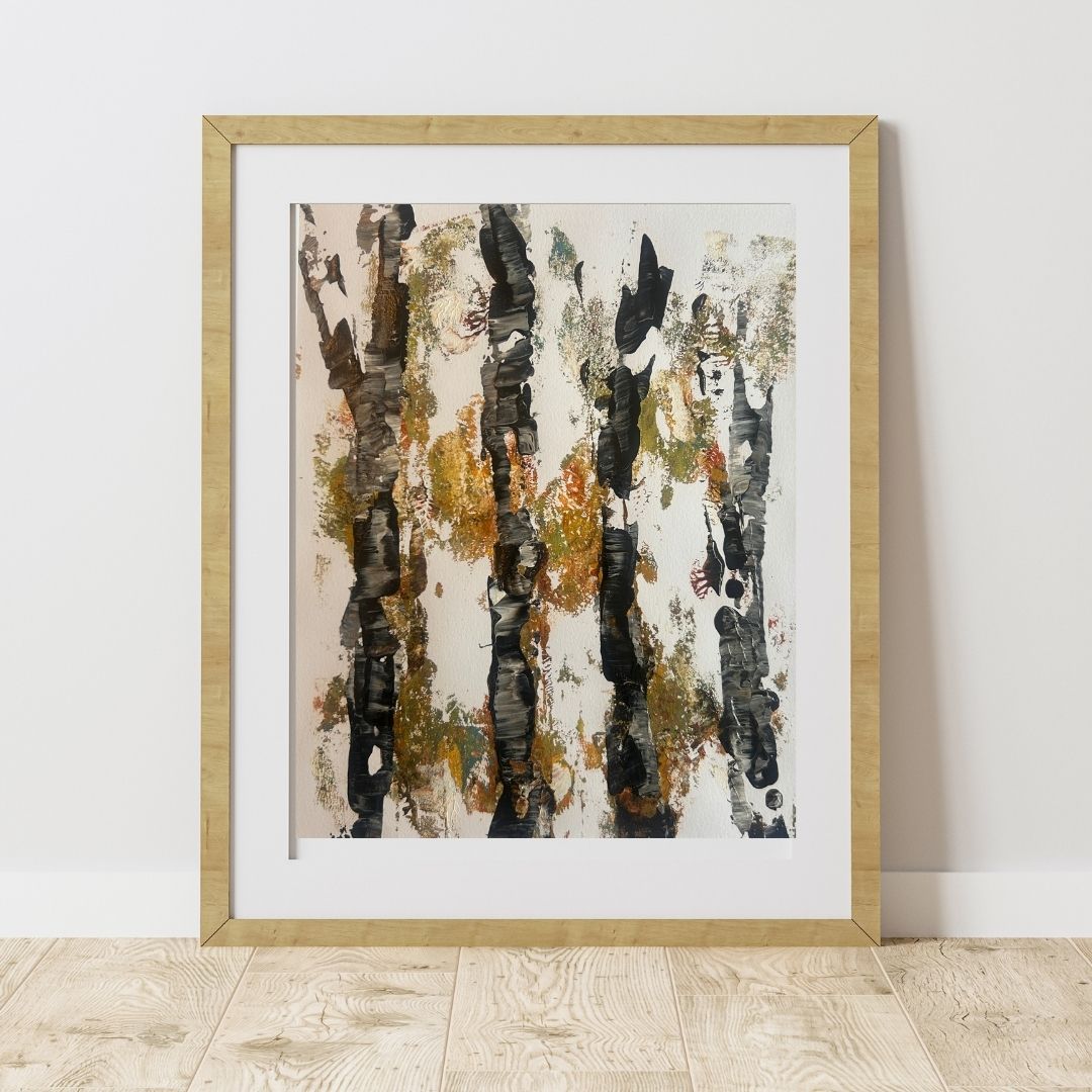 Original mixed media artwork on paper by Ottawa-based Mireille Laroche- 8 by 10 inch, 11 by 14 with white mat.