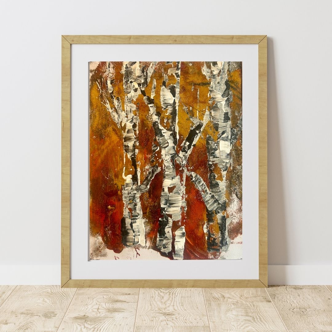 Original mixed media artwork on paper by Ottawa-based Mireille Laroche- 8 by 10 inch, 11 by 14 with white mat.