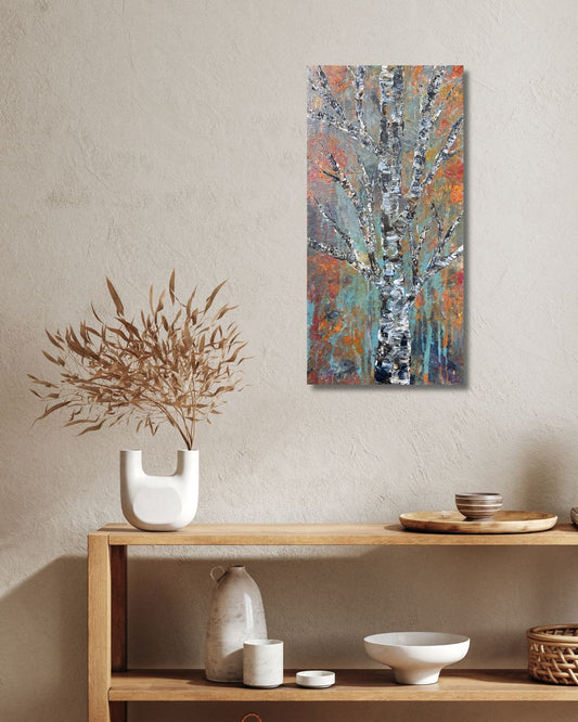 Abstract painting of a tree by Ottawa artist Mireille Laroche.  Painting on a beige wall above shelves with decorative items