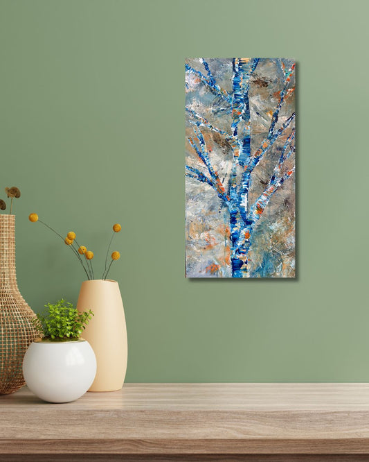 Original acrylic painting by Ottawa artist Mireille depicting a semi-abstract tree.  Painting on a green wall above a green shelf with decorative pots. 